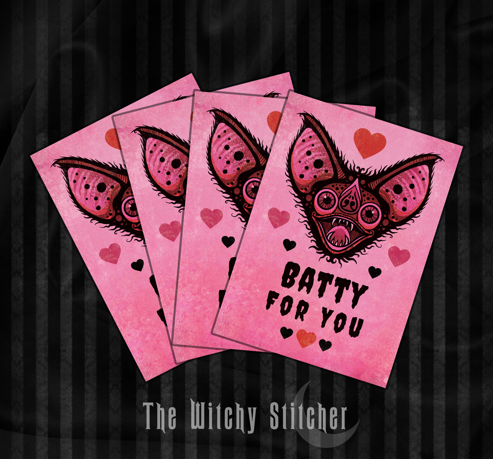 Batty For You - Valenrine Cross Stitch Pattern, different perspective #2, zoomed in. Select this picture to zoom back out.