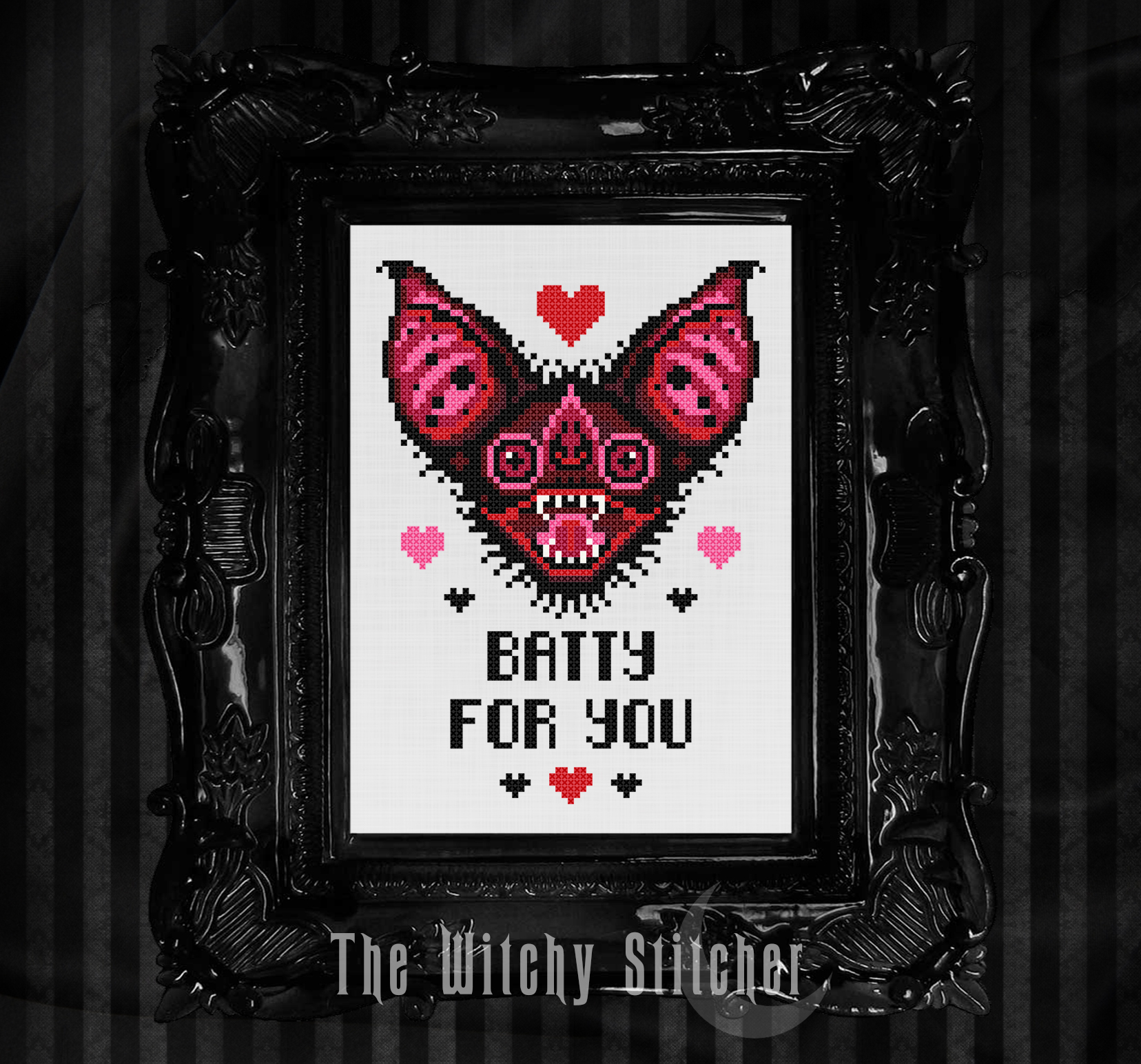 Batty For You - Valenrine Cross Stitch Pattern, different perspective #3, zoomed in. Select this picture to zoom back out.