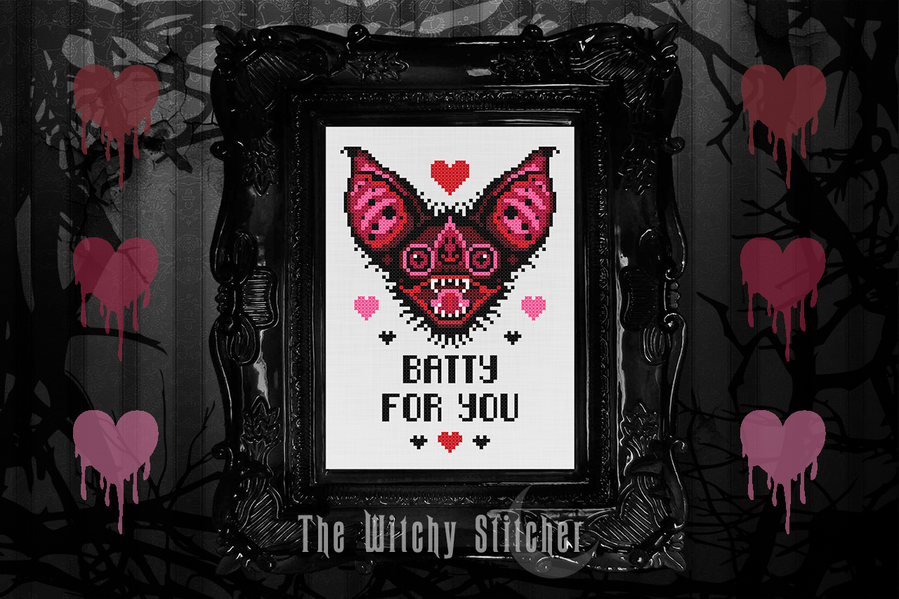 Batty For You - Valenrine Cross Stitch Pattern, different perspective #4, zoomed in. Select this picture to zoom back out.