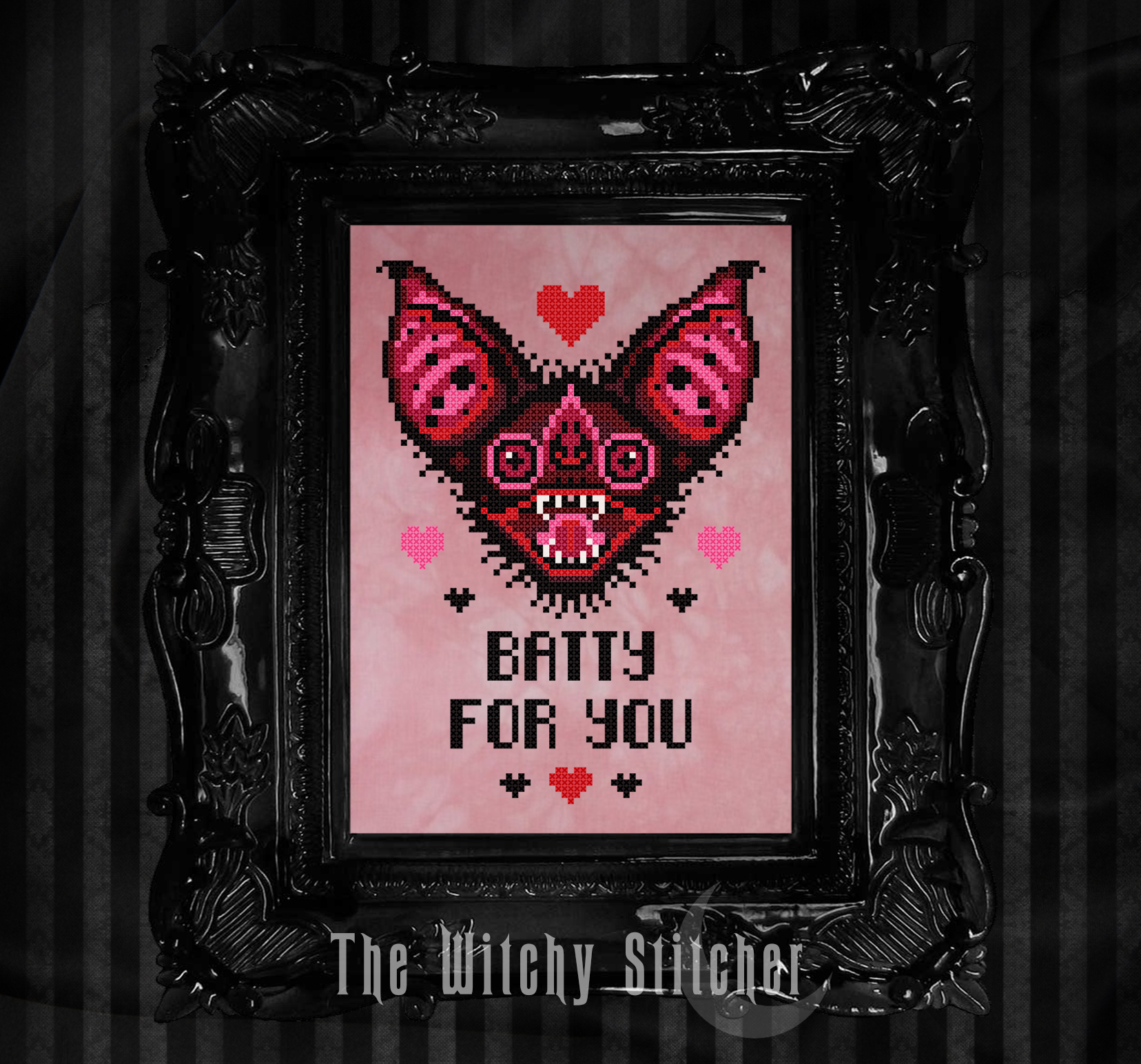 Batty For You - Valenrine Cross Stitch Pattern, zoomed in. Select this picture to zoom back out.