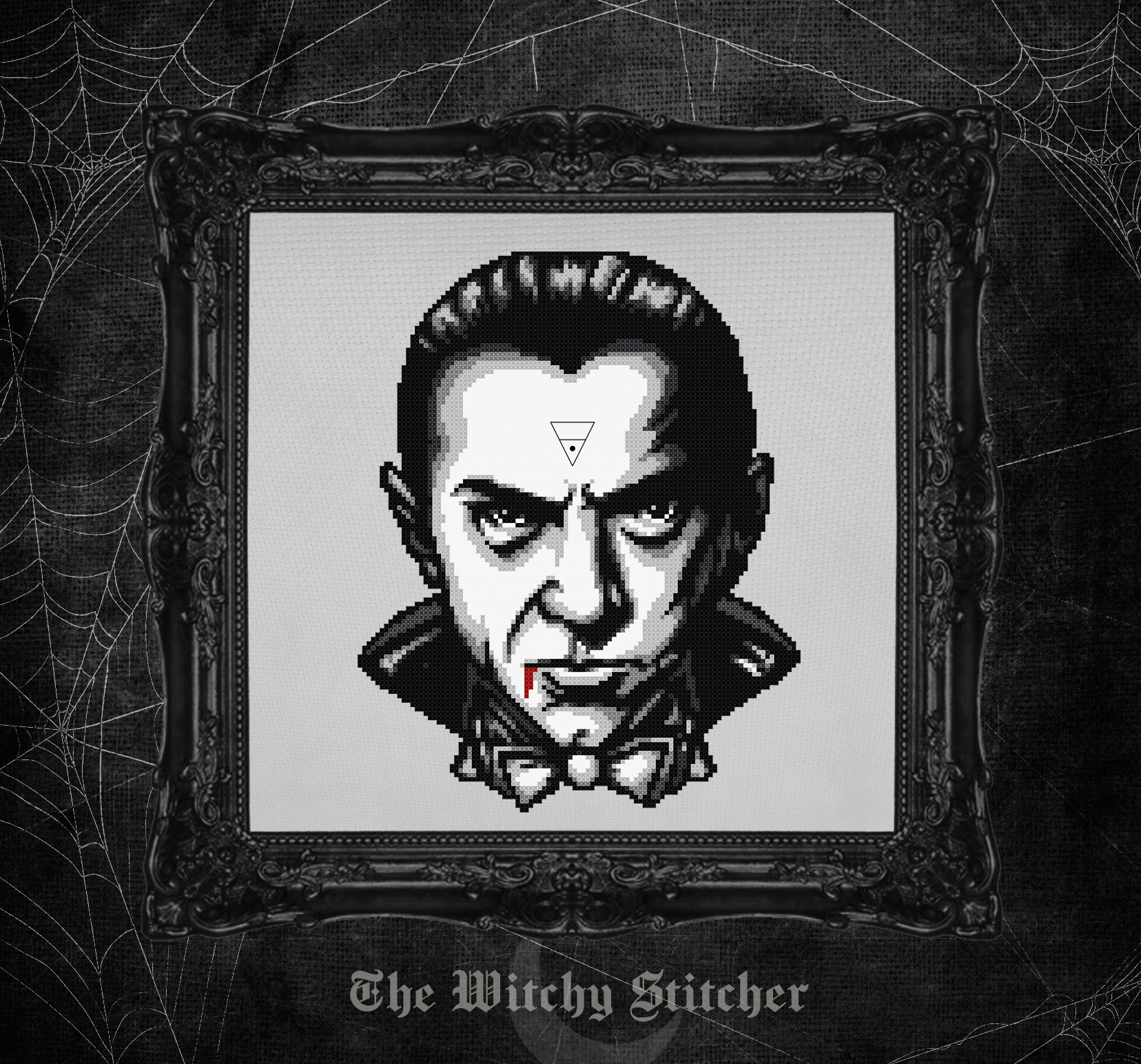 Bela Lugosi - Halloween Cross Stitch Pattern, different perspective #1, zoomed in. Select this picture to zoom back out.
