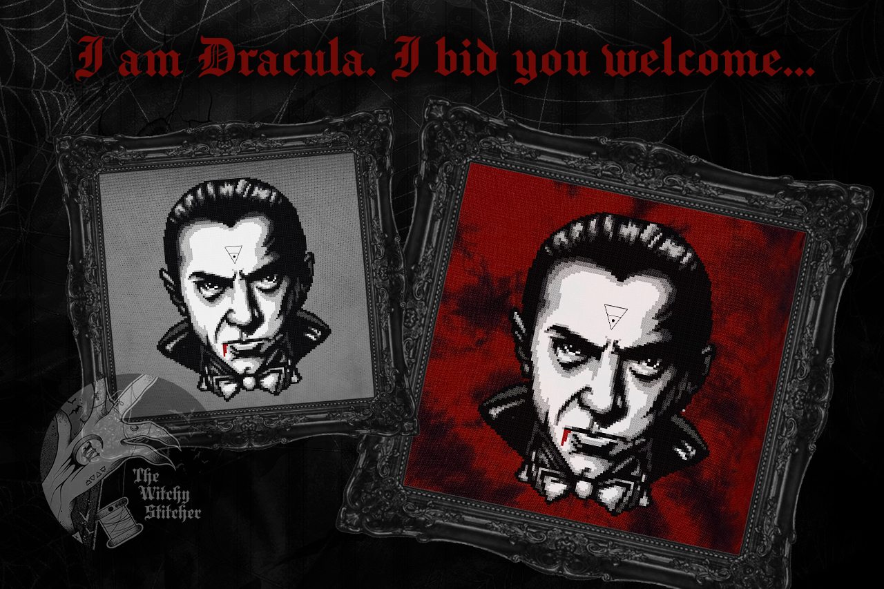 Bela Lugosi - Halloween Cross Stitch Pattern, different perspective #2, zoomed in. Select this picture to zoom back out.