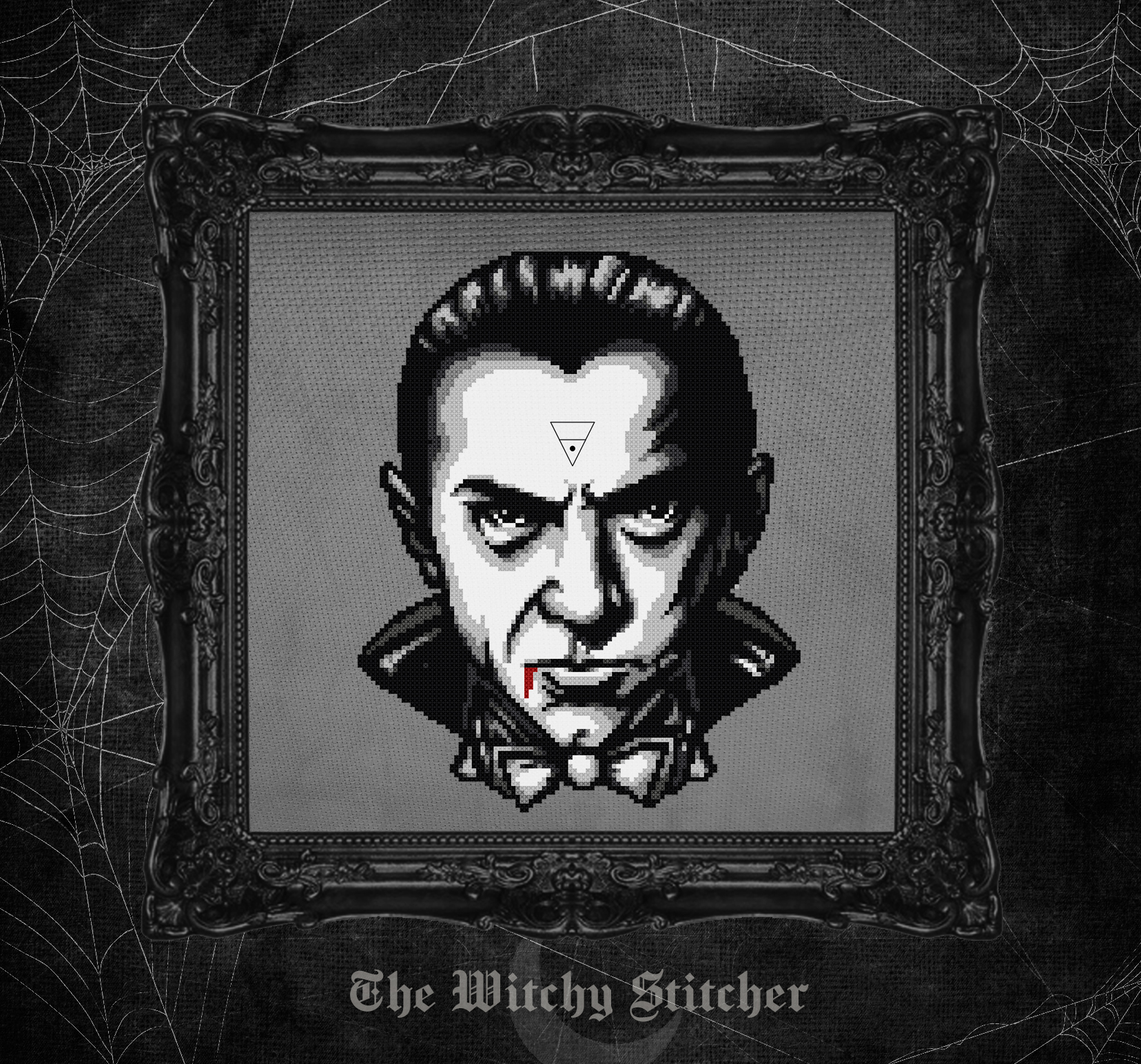 Bela Lugosi - Halloween Cross Stitch Pattern, different perspective #4, zoomed in. Select this picture to zoom back out.
