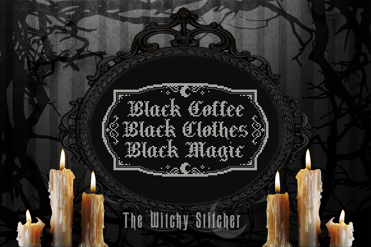 Black Coffee Black Magic - Halloween Cross Stitch Pattern, different perspective #1, zoomed in. Select this picture to zoom back out.