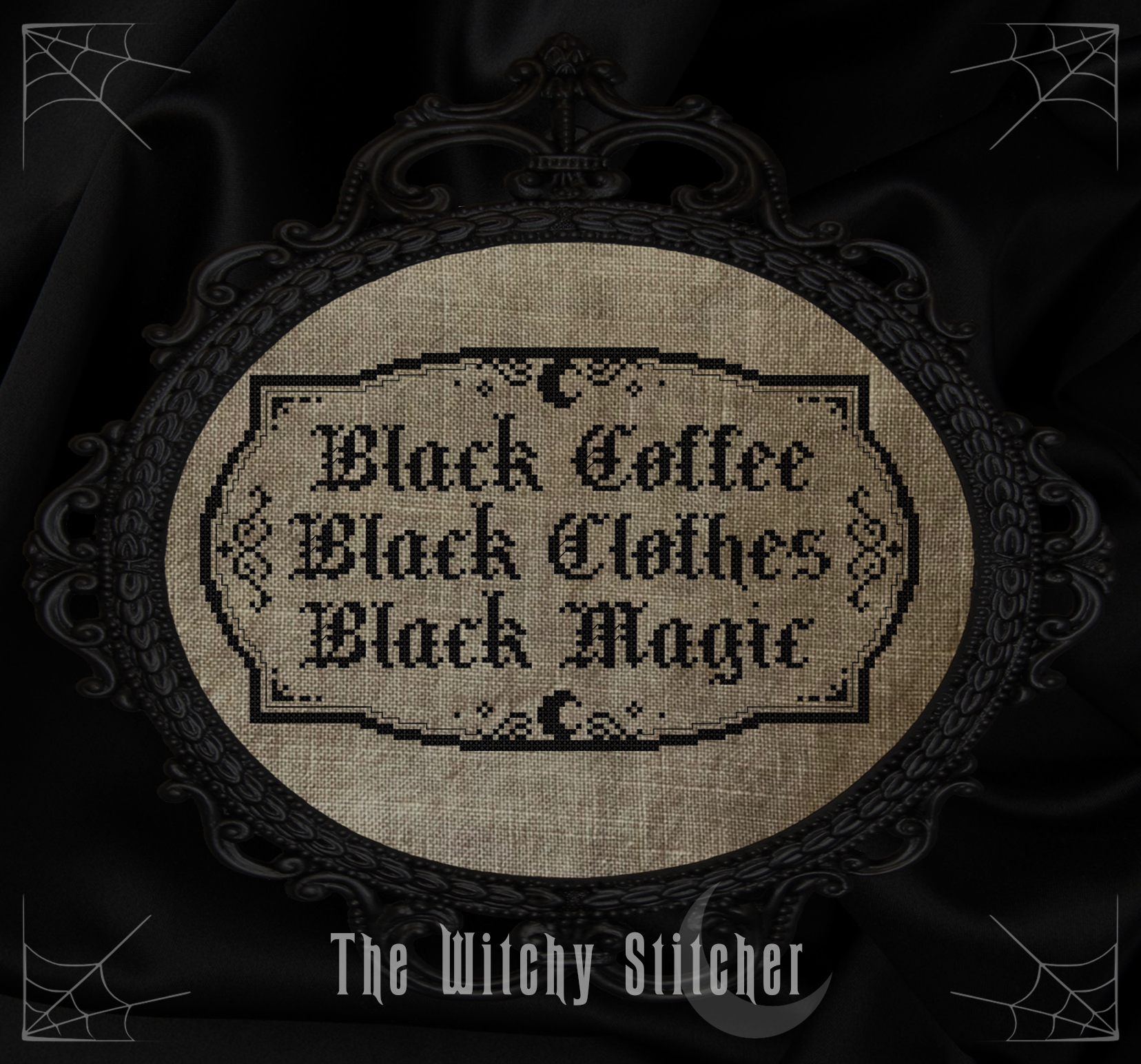 Black Coffee Black Magic - Halloween Cross Stitch Pattern, different perspective #2, zoomed in. Select this picture to zoom back out.