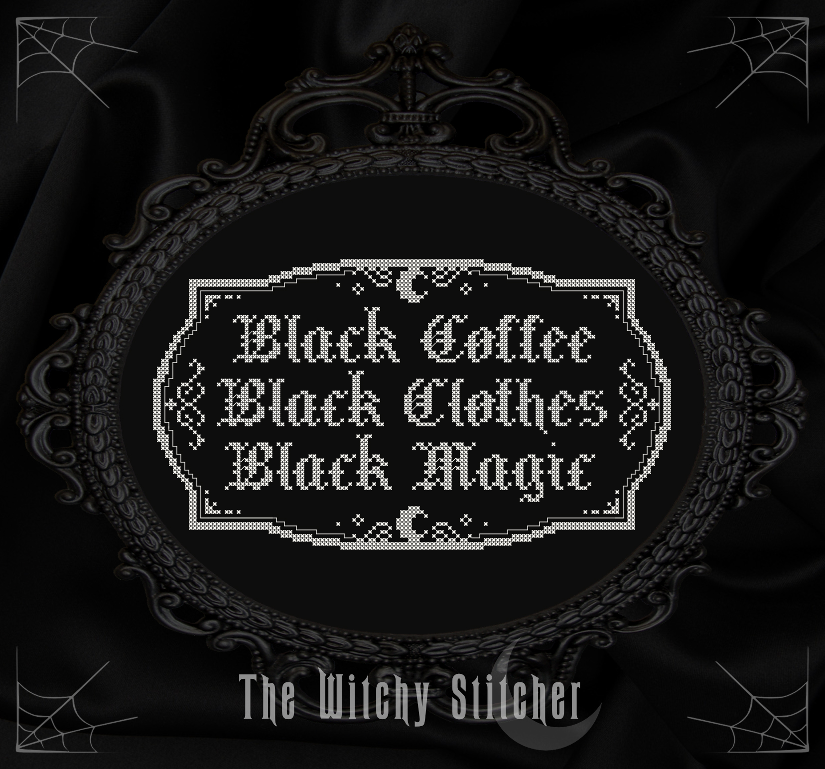 Black Coffee Black Magic - Halloween Cross Stitch Pattern, different perspective #3, zoomed in. Select this picture to zoom back out.