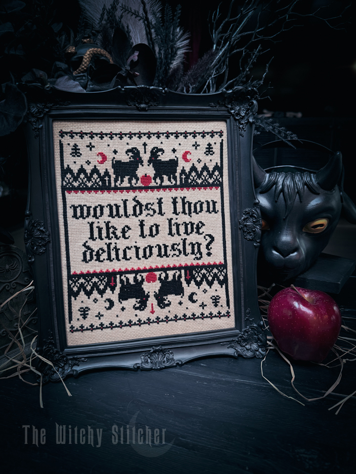 Black Phillip - Halloween  Cross Stitch Pattern, different perspective #2, zoomed in. Select this picture to zoom back out.