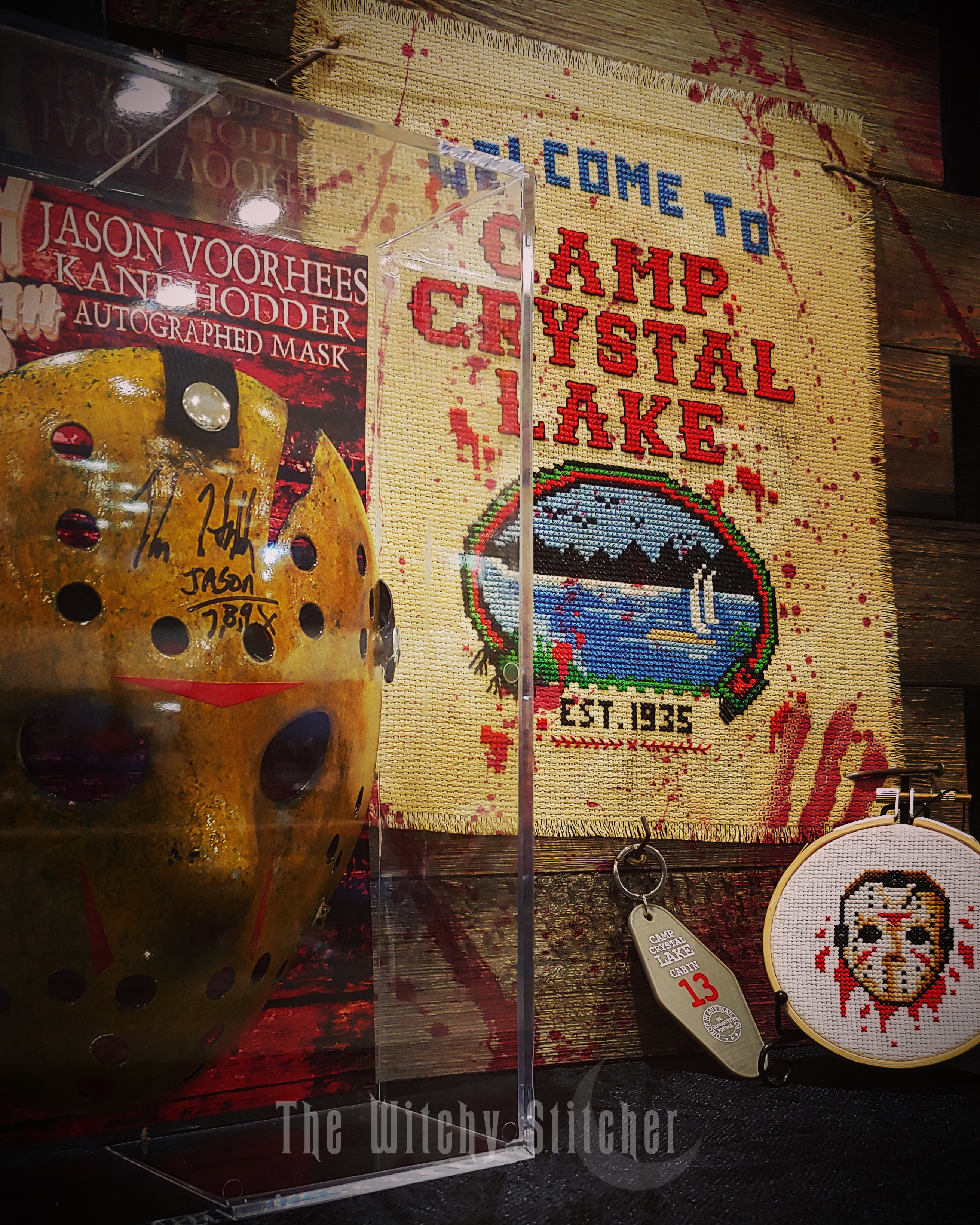Camp Crystal Lake - Halloween Cross Stitch Pattern, different perspective #1, zoomed in. Select this picture to zoom back out.