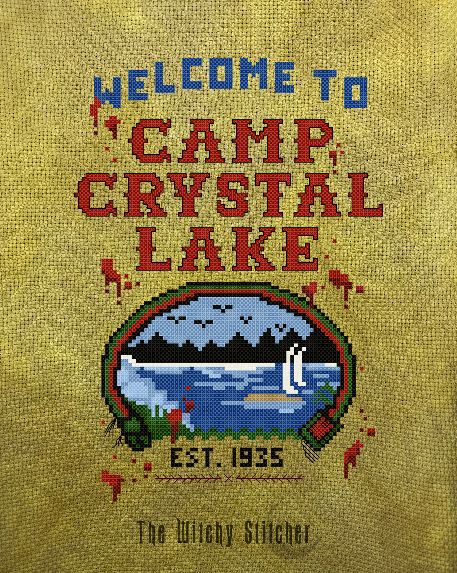 Camp Crystal Lake - Halloween Cross Stitch Pattern, different perspective #2, zoomed in. Select this picture to zoom back out.