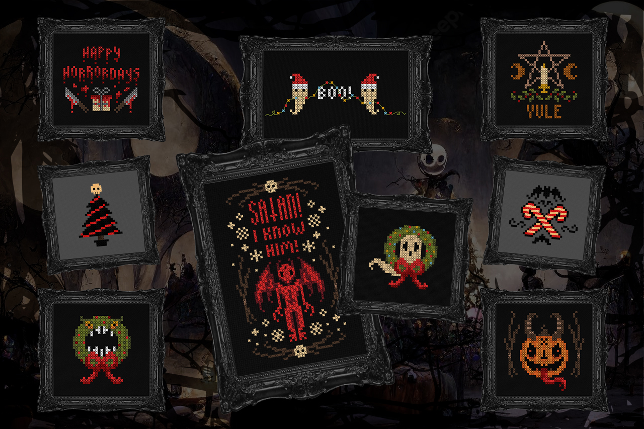 Creepmas Collection - Halloween Cross Stitch Pattern, different perspective #1, zoomed in. Select this picture to zoom back out.