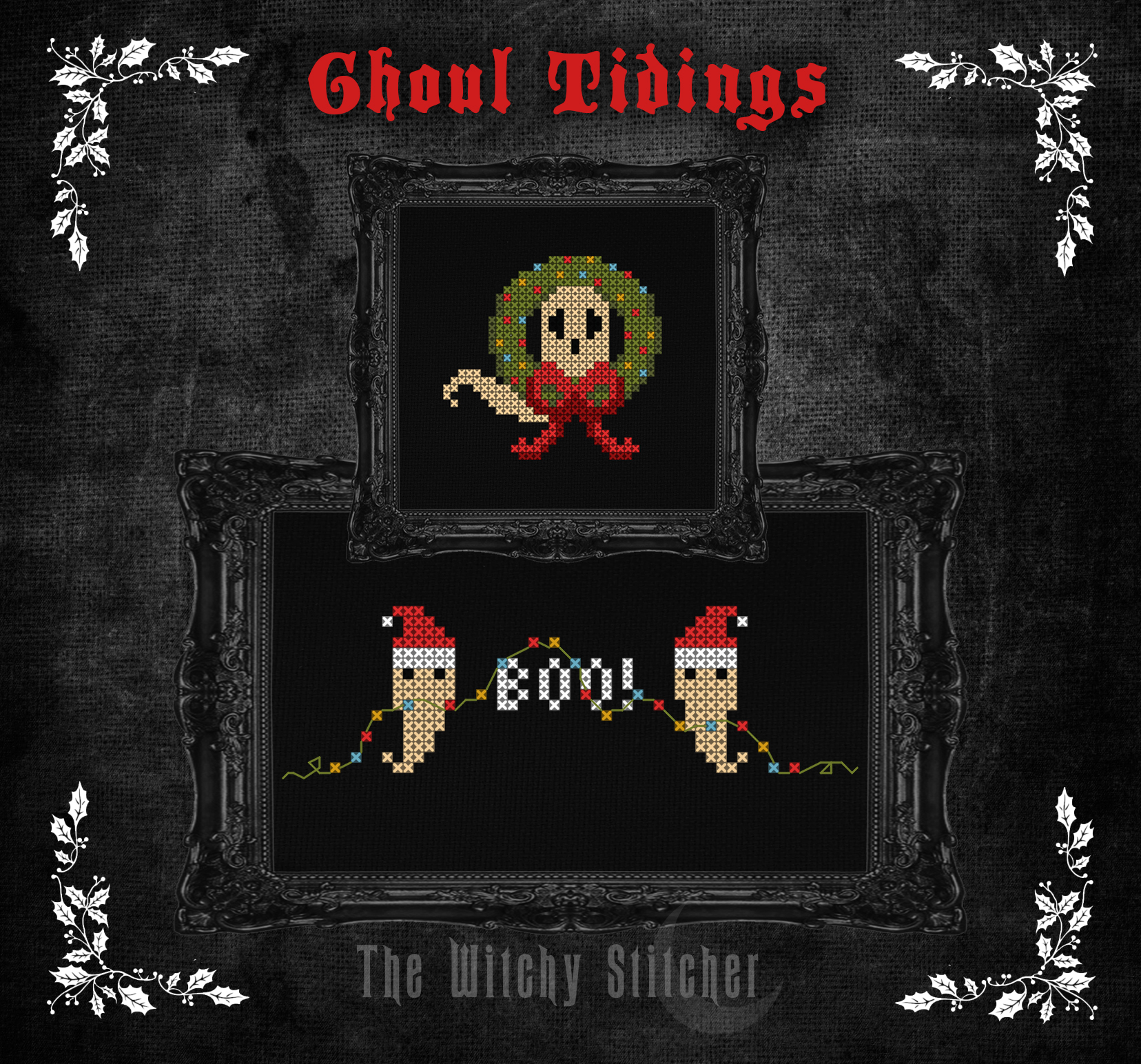 Creepmas Collection - Halloween Cross Stitch Pattern, different perspective #3, zoomed in. Select this picture to zoom back out.