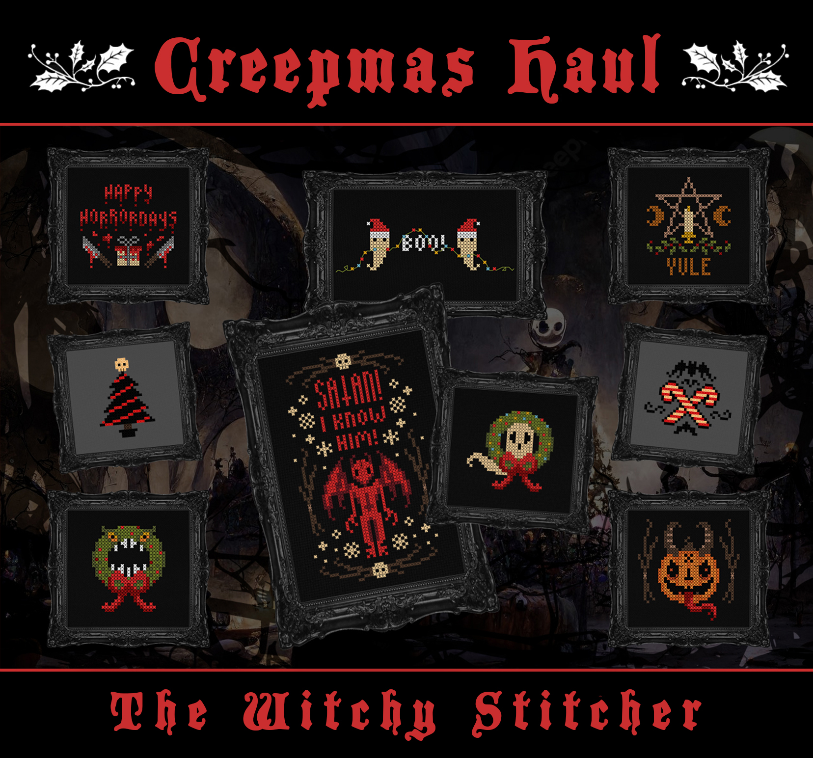 Creepmas Collection - Halloween Cross Stitch Pattern, zoomed in. Select this picture to zoom back out.