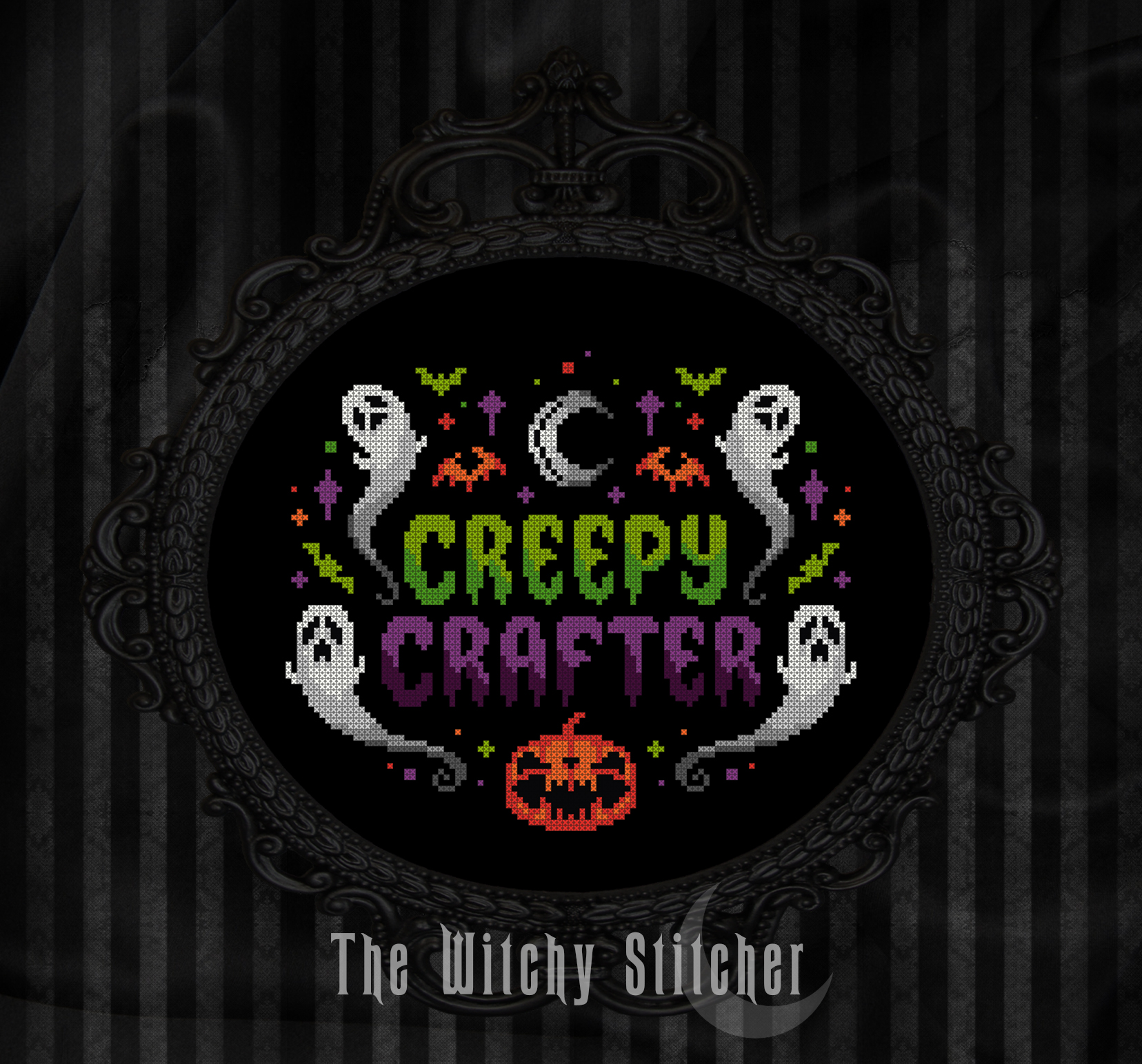 Creepy Crafter - Halloween Cross Stitch Pattern, different perspective #1, zoomed in. Select this picture to zoom back out.