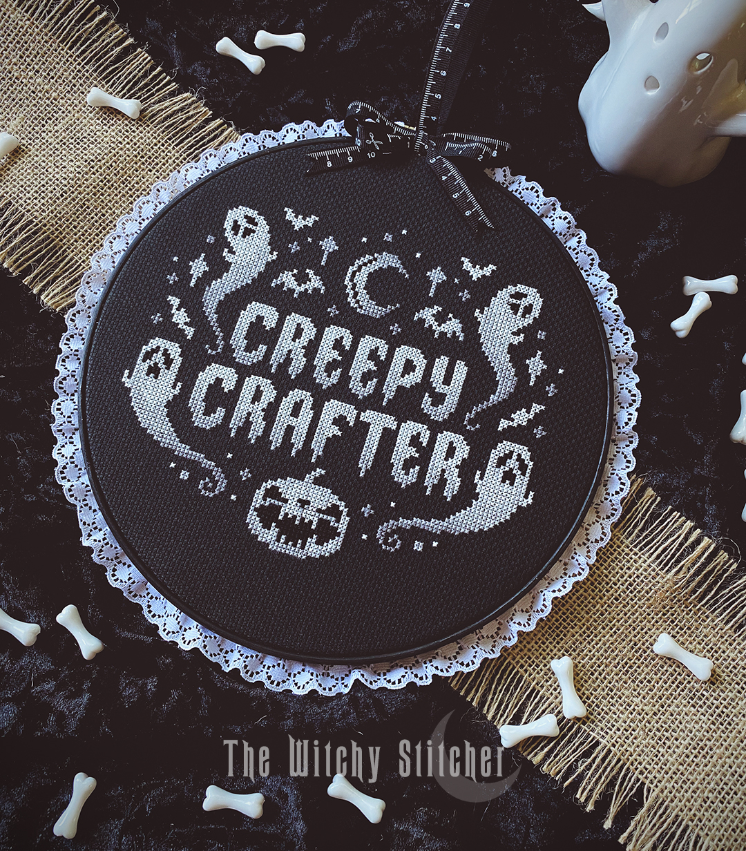 Creepy Crafter - Halloween Cross Stitch Pattern, different perspective #2, zoomed in. Select this picture to zoom back out.