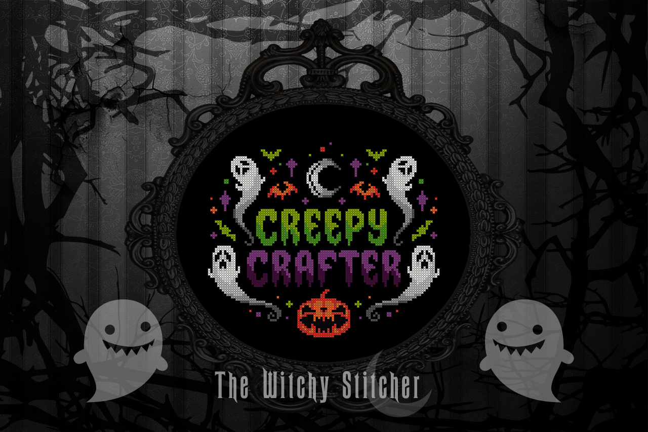 Creepy Crafter - Halloween Cross Stitch Pattern, different perspective #3, zoomed in. Select this picture to zoom back out.