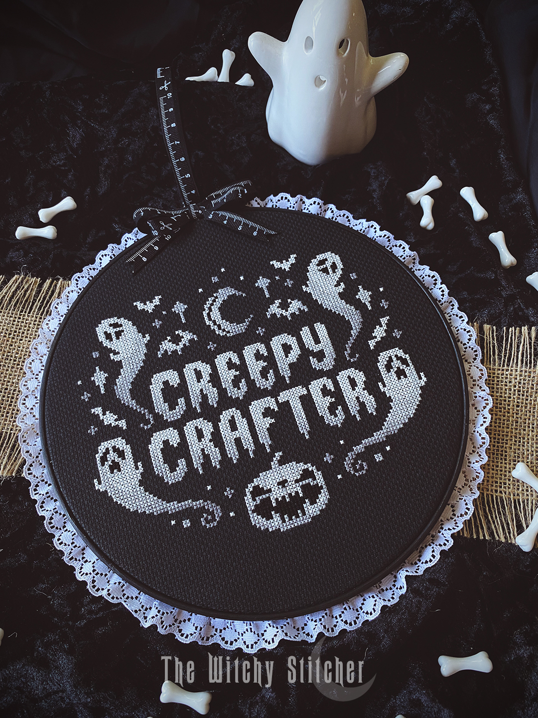 Creepy Crafter - Halloween Cross Stitch Pattern, different perspective #4, zoomed in. Select this picture to zoom back out.