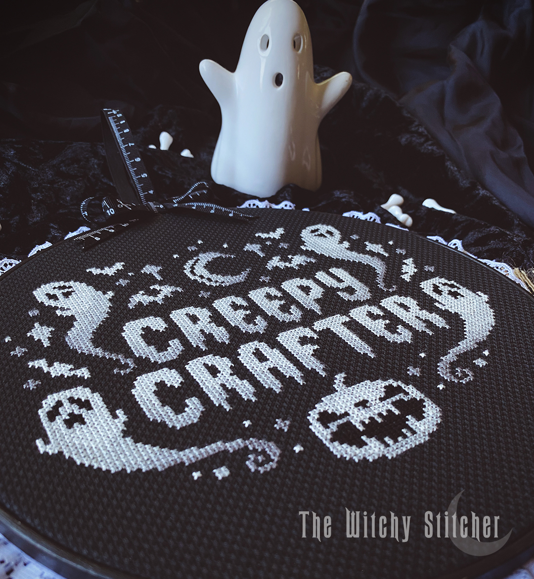 Creepy Crafter - Halloween Cross Stitch Pattern, different perspective #5, zoomed in. Select this picture to zoom back out.