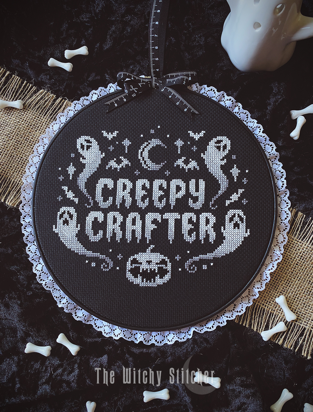 Creepy Crafter - Halloween Cross Stitch Pattern, zoomed in. Select this picture to zoom back out.