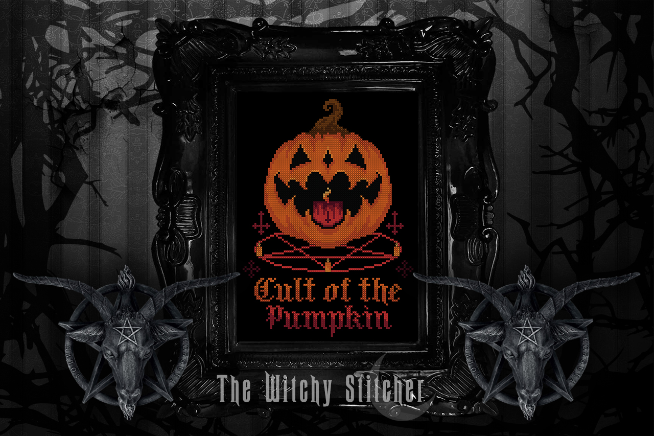 Cult of the Pumpkin - Halloween Cross Stitch Pattern, different perspective #1, zoomed in. Select this picture to zoom back out.