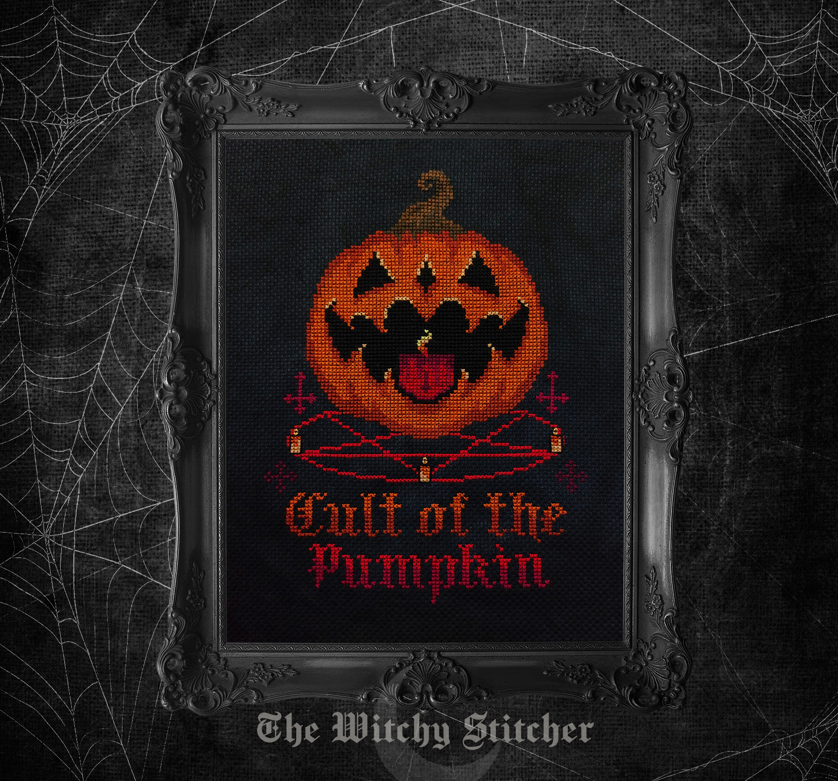 Cult of the Pumpkin - Halloween Cross Stitch Pattern, different perspective #2, zoomed in. Select this picture to zoom back out.
