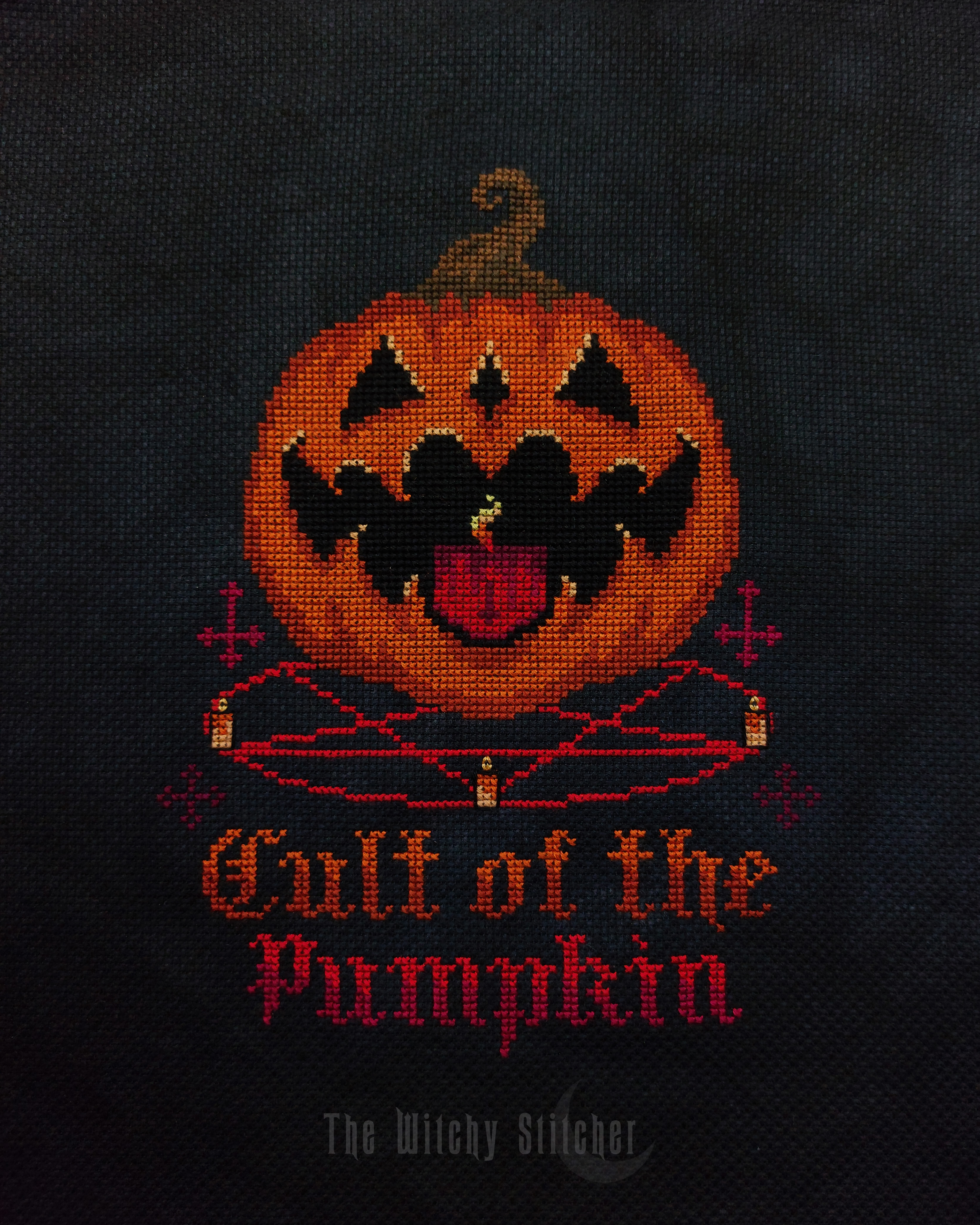 Cult of the Pumpkin - Halloween Cross Stitch Pattern, different perspective #3, zoomed in. Select this picture to zoom back out.