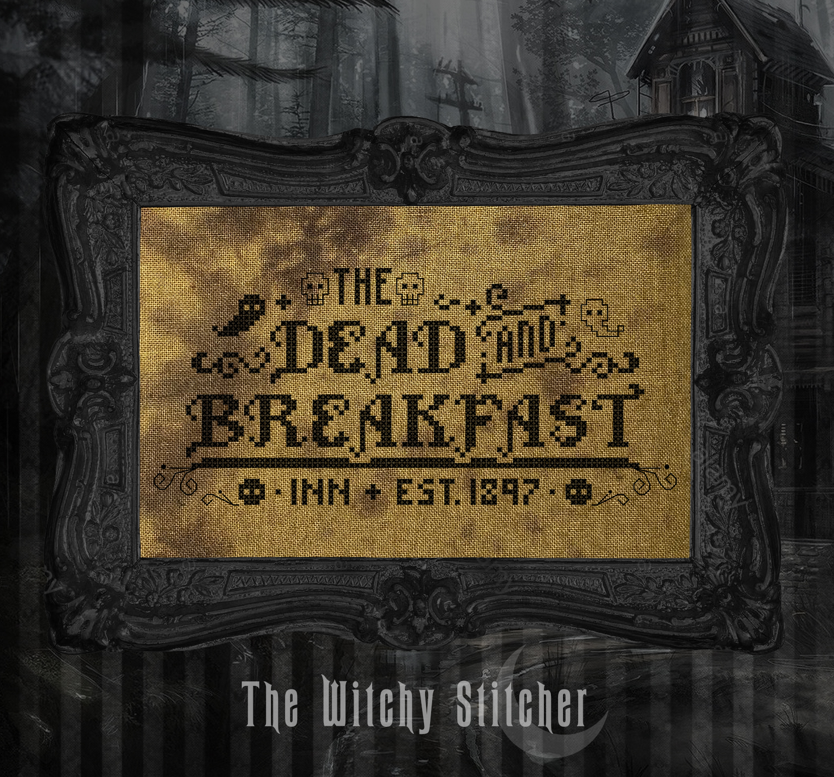 The Dead and Breakfast - Halloween Cross Stitch Pattern, different perspective #1, zoomed in. Select this picture to zoom back out.