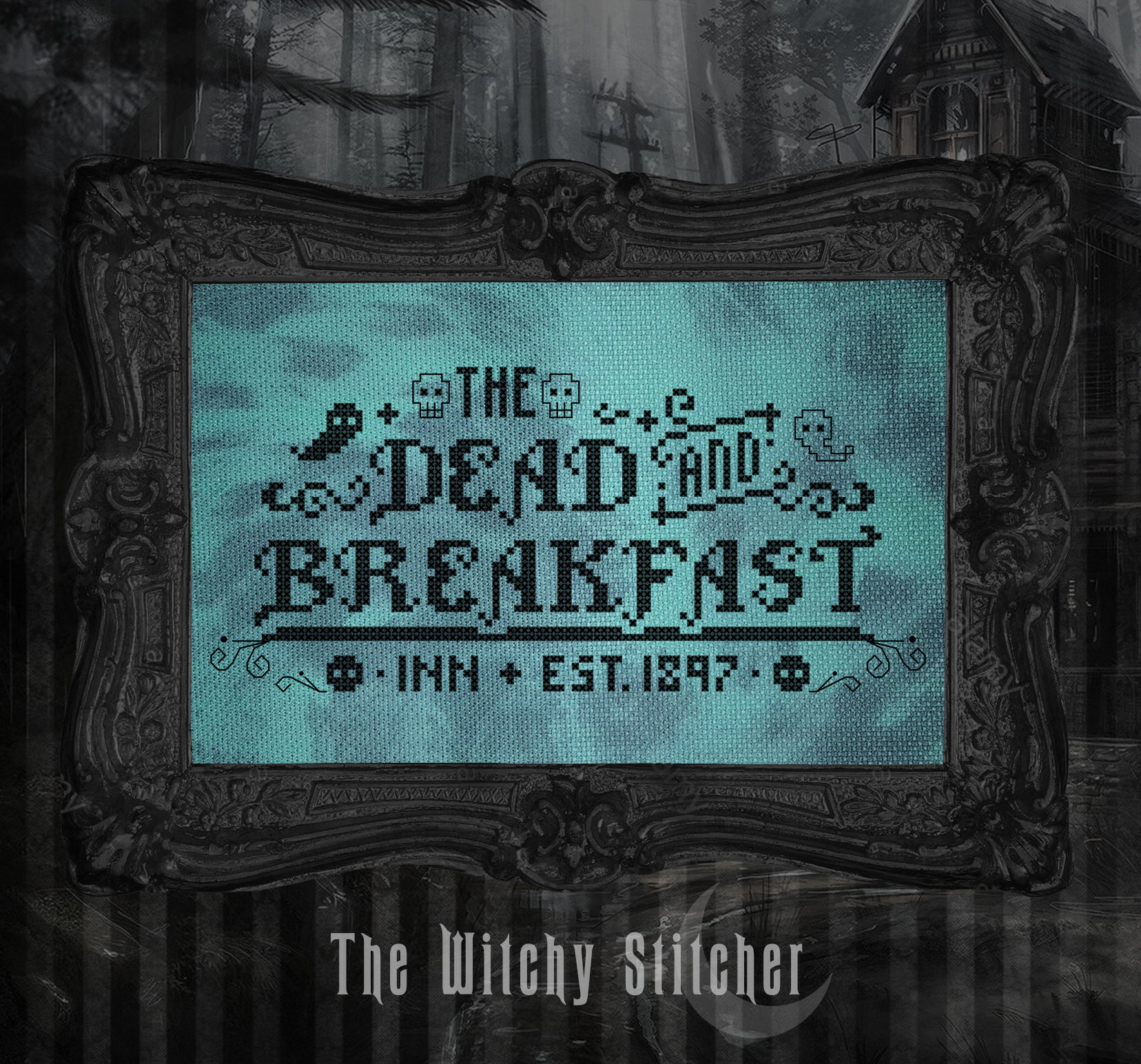 The Dead and Breakfast - Halloween Cross Stitch Pattern, different perspective #2, zoomed in. Select this picture to zoom back out.