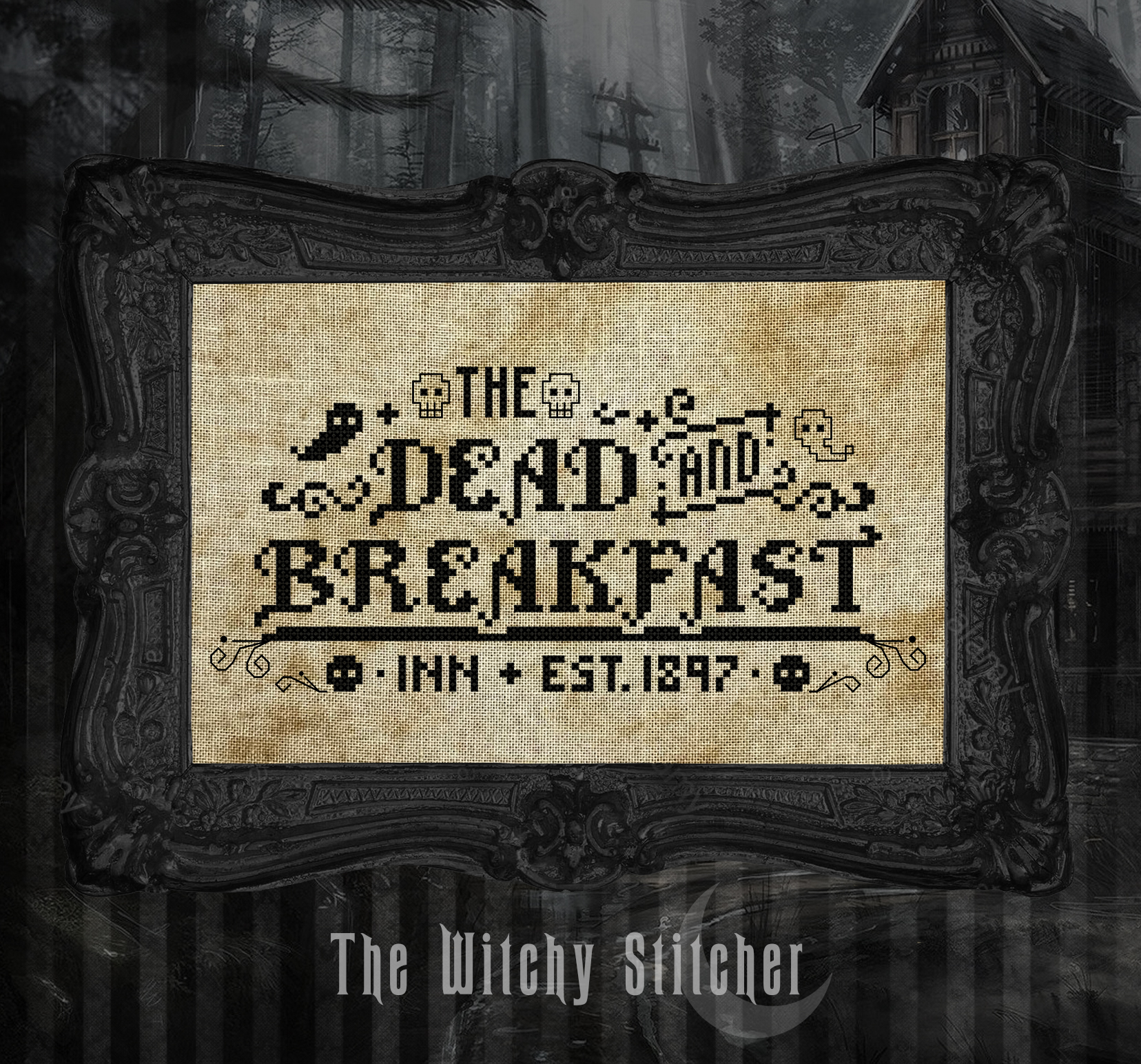 The Dead and Breakfast - Halloween Cross Stitch Pattern, different perspective #3, zoomed in. Select this picture to zoom back out.