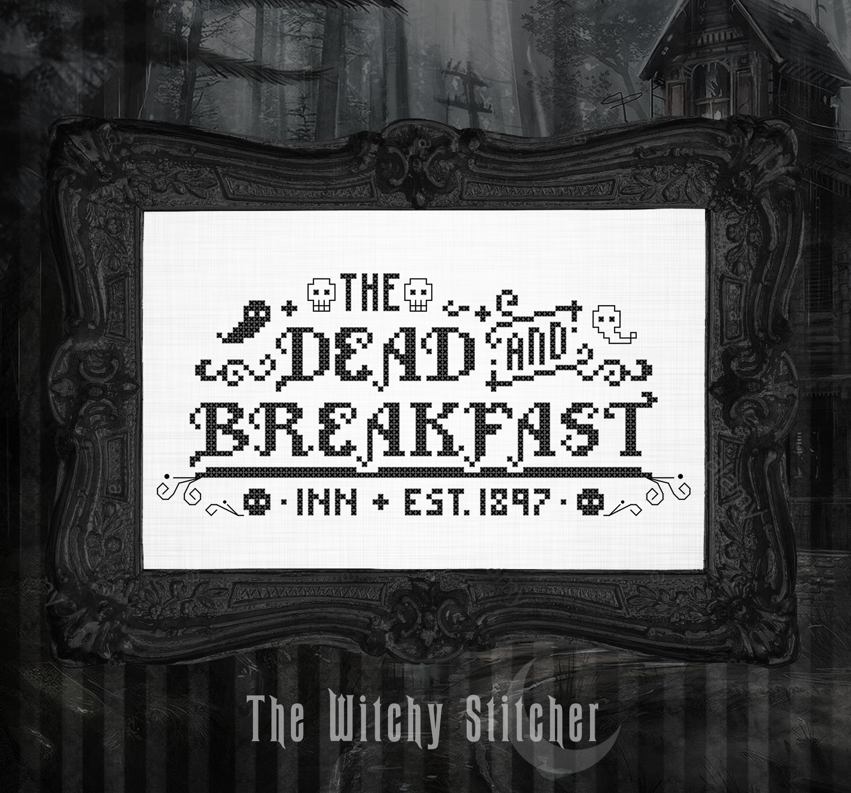 The Dead and Breakfast - Halloween Cross Stitch Pattern, different perspective #4, zoomed in. Select this picture to zoom back out.