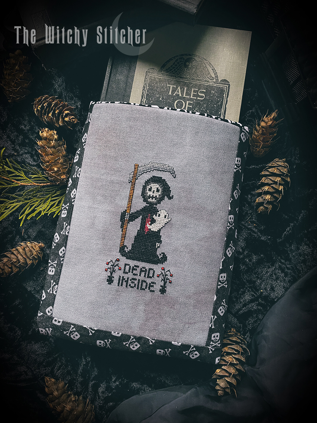 Dead Inside - Halloween Cross Stitch Pattern, different perspective #1, zoomed in. Select this picture to zoom back out.