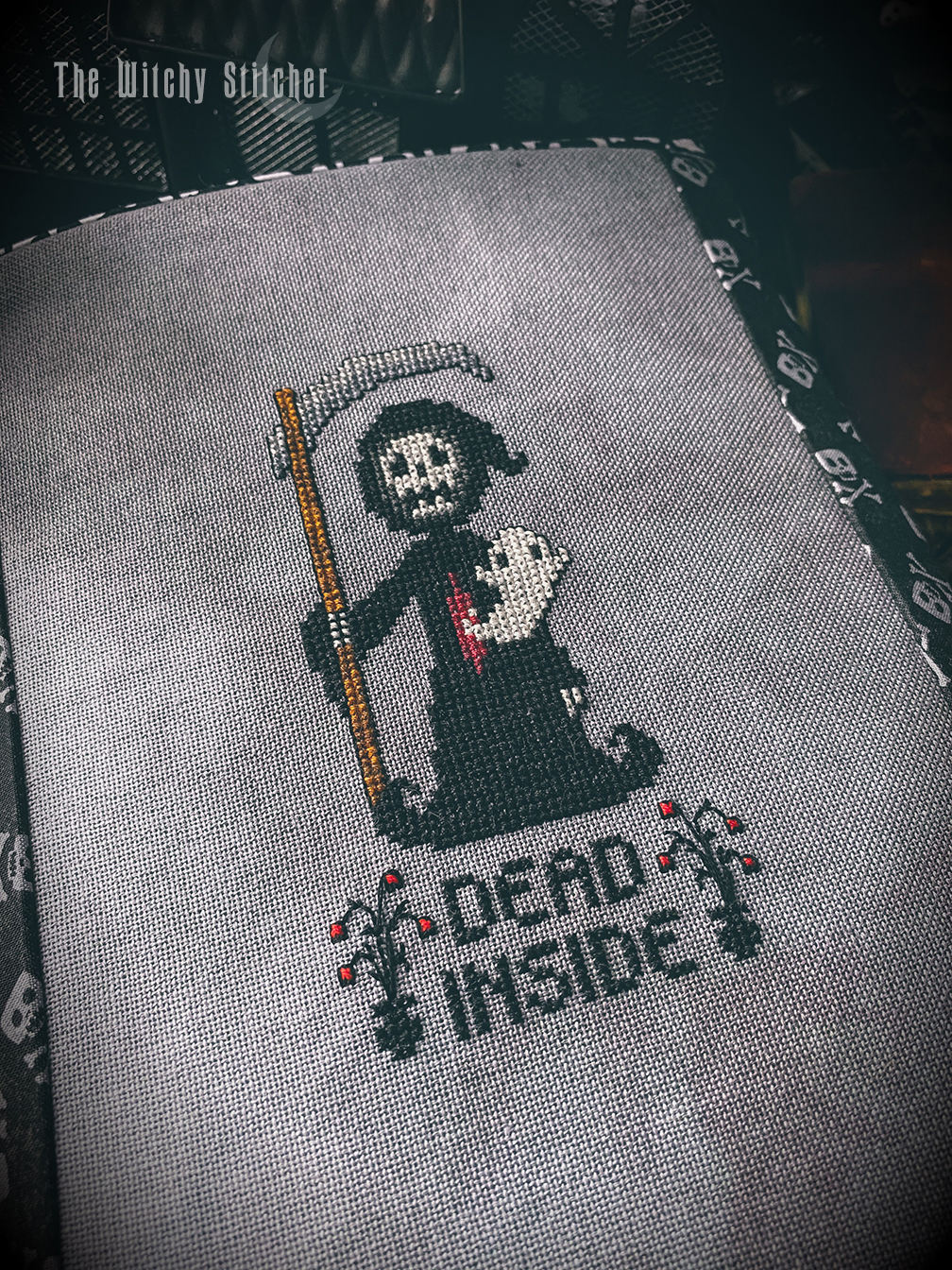 Dead Inside - Halloween Cross Stitch Pattern, different perspective #2, zoomed in. Select this picture to zoom back out.