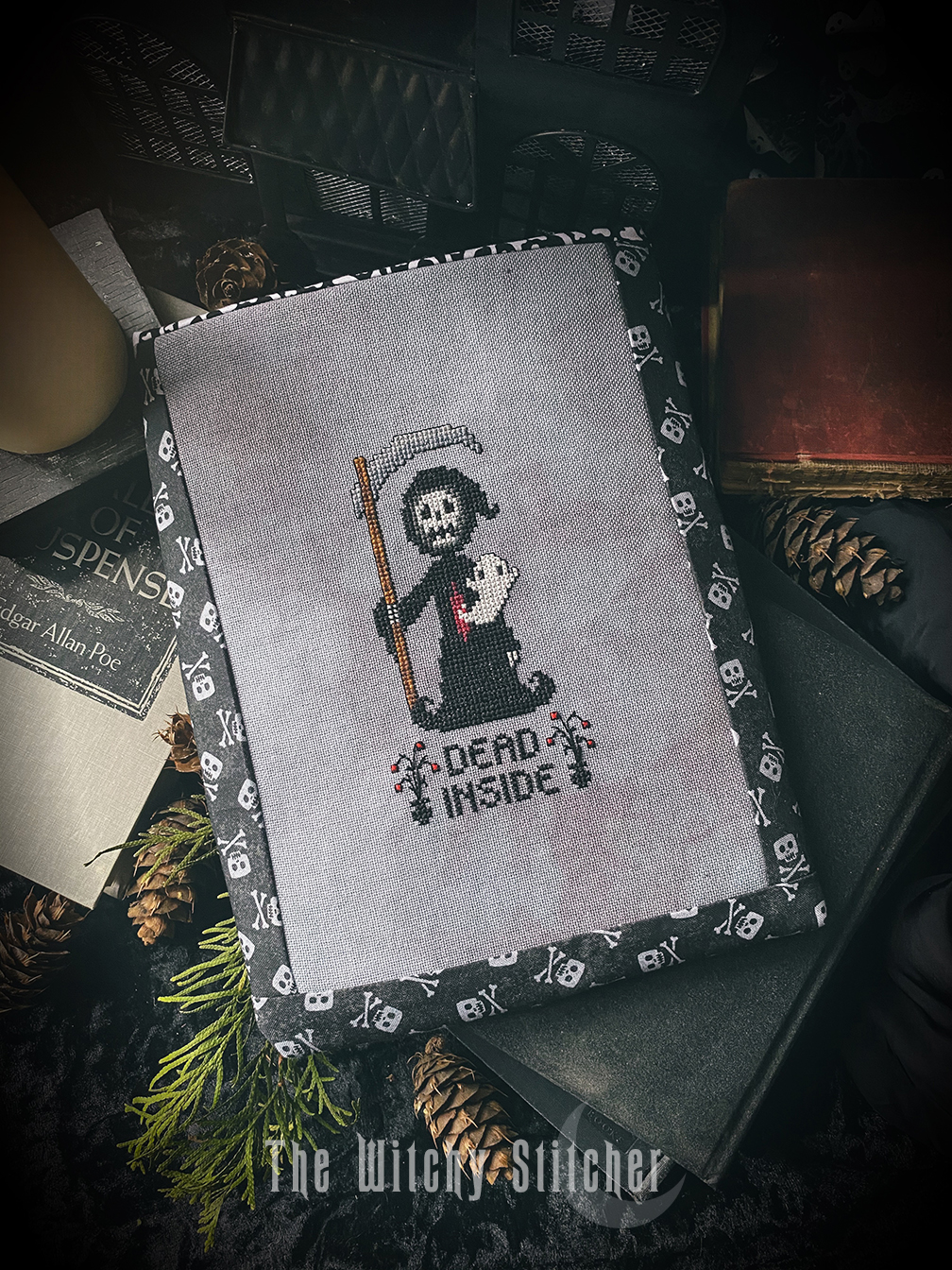 Dead Inside - Halloween Cross Stitch Pattern, different perspective #4, zoomed in. Select this picture to zoom back out.