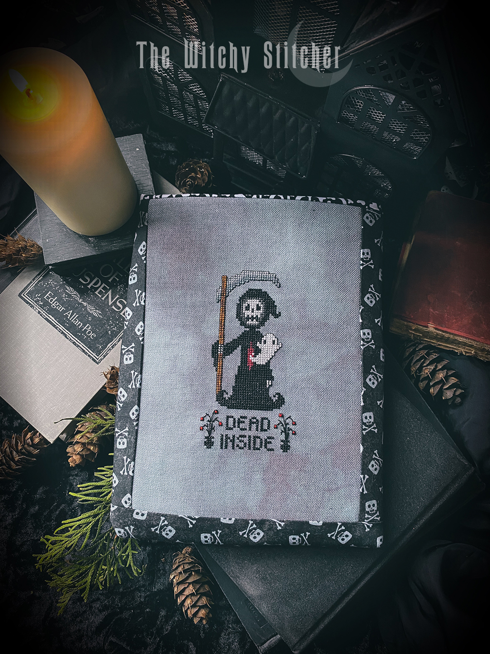 Dead Inside - Halloween Cross Stitch Pattern, different perspective #5, zoomed in. Select this picture to zoom back out.