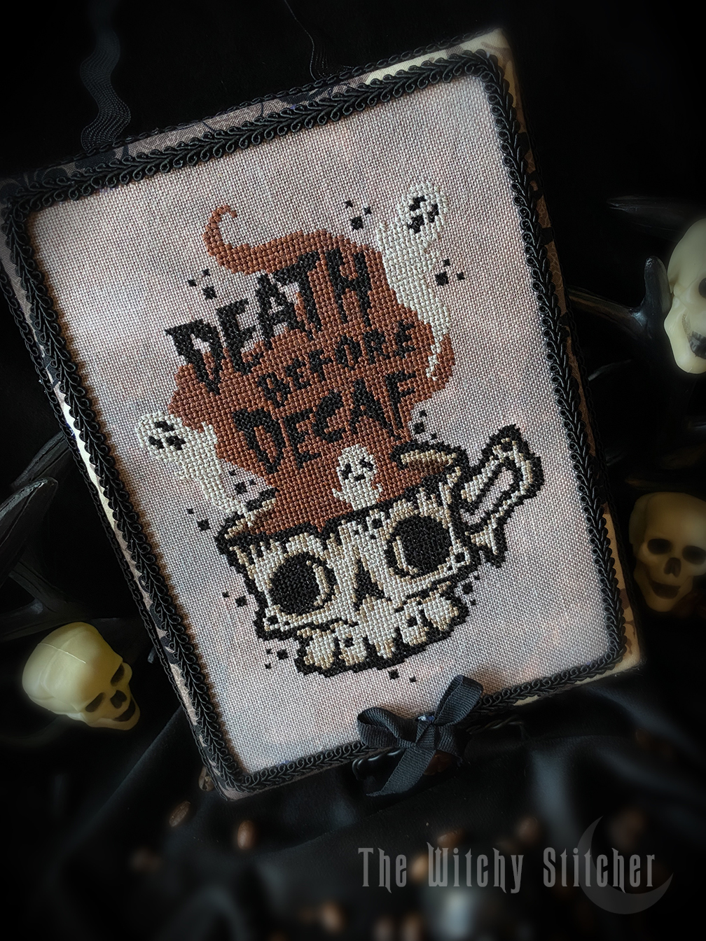 Death Before Decaf - Halloween Cross Stitch Pattern, different perspective #1, zoomed in. Select this picture to zoom back out.