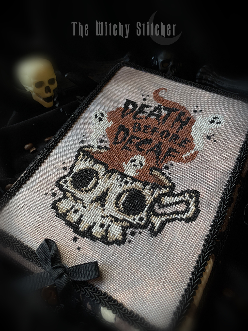 Death Before Decaf - Halloween Cross Stitch Pattern, different perspective #3, zoomed in. Select this picture to zoom back out.