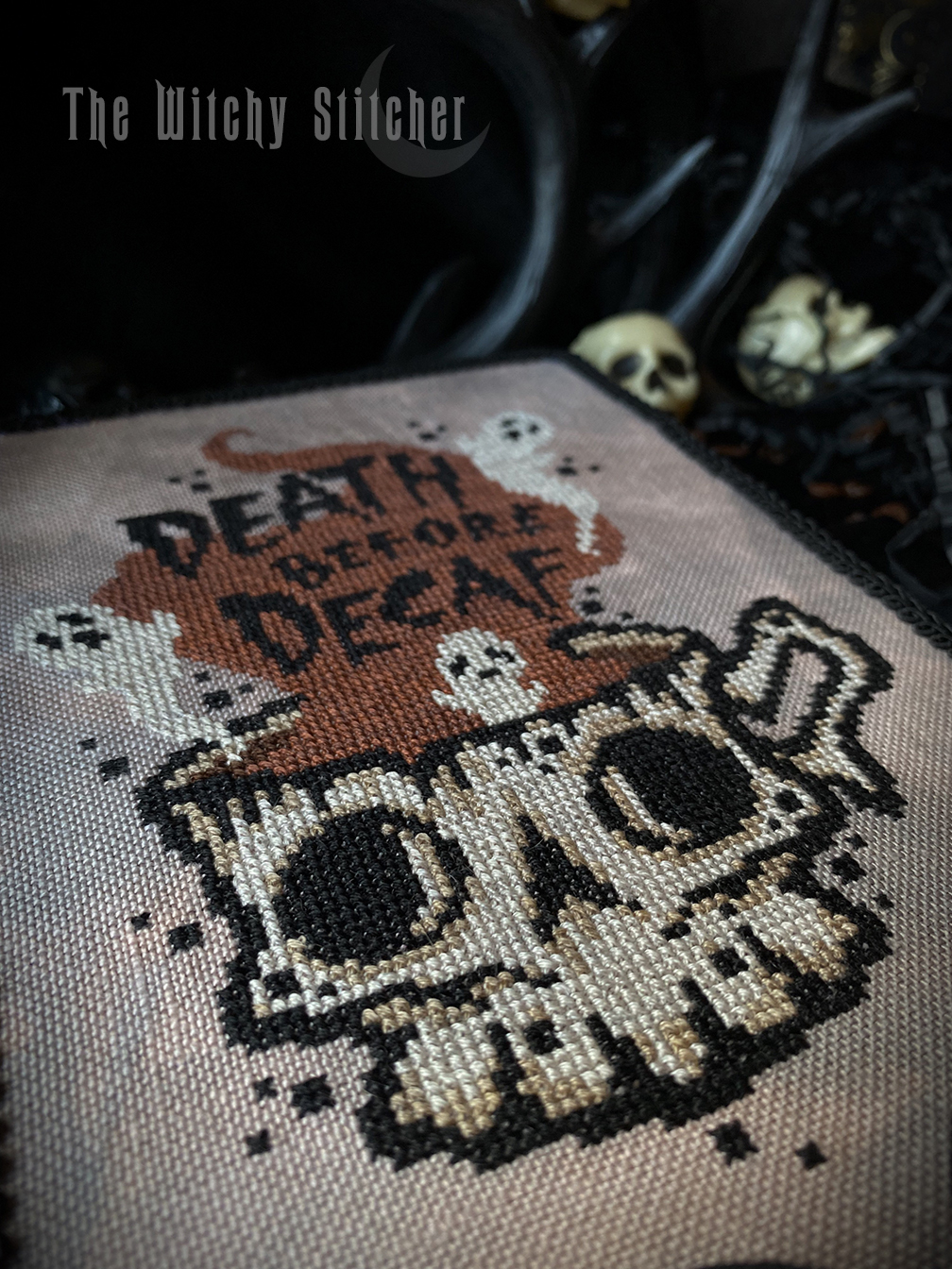 Death Before Decaf - Halloween Cross Stitch Pattern, different perspective #4, zoomed in. Select this picture to zoom back out.