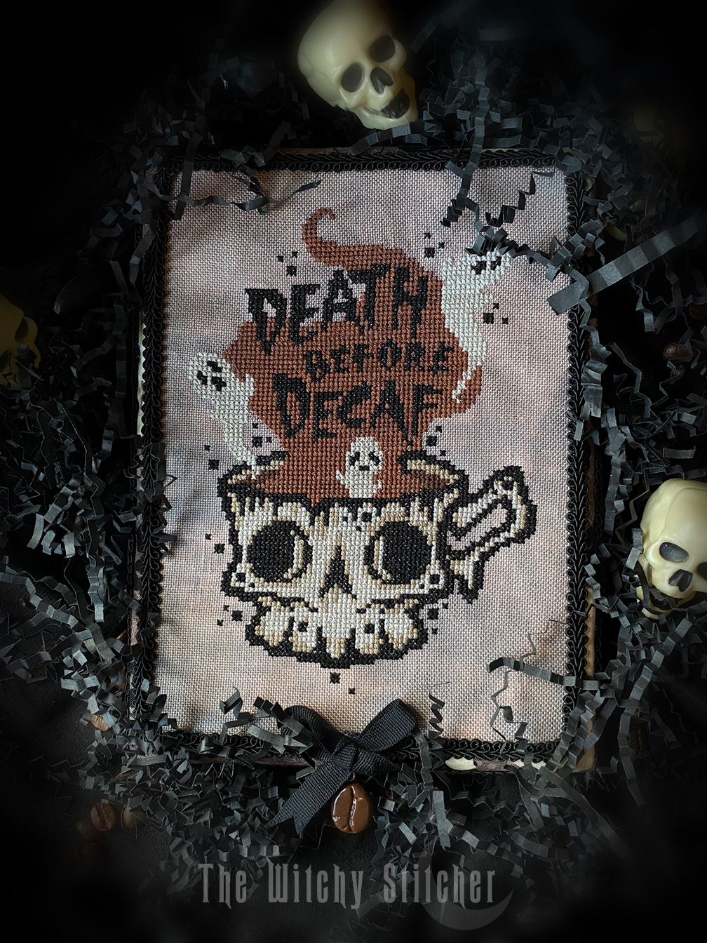 Death Before Decaf - Halloween Cross Stitch Pattern, zoomed in. Select this picture to zoom back out.