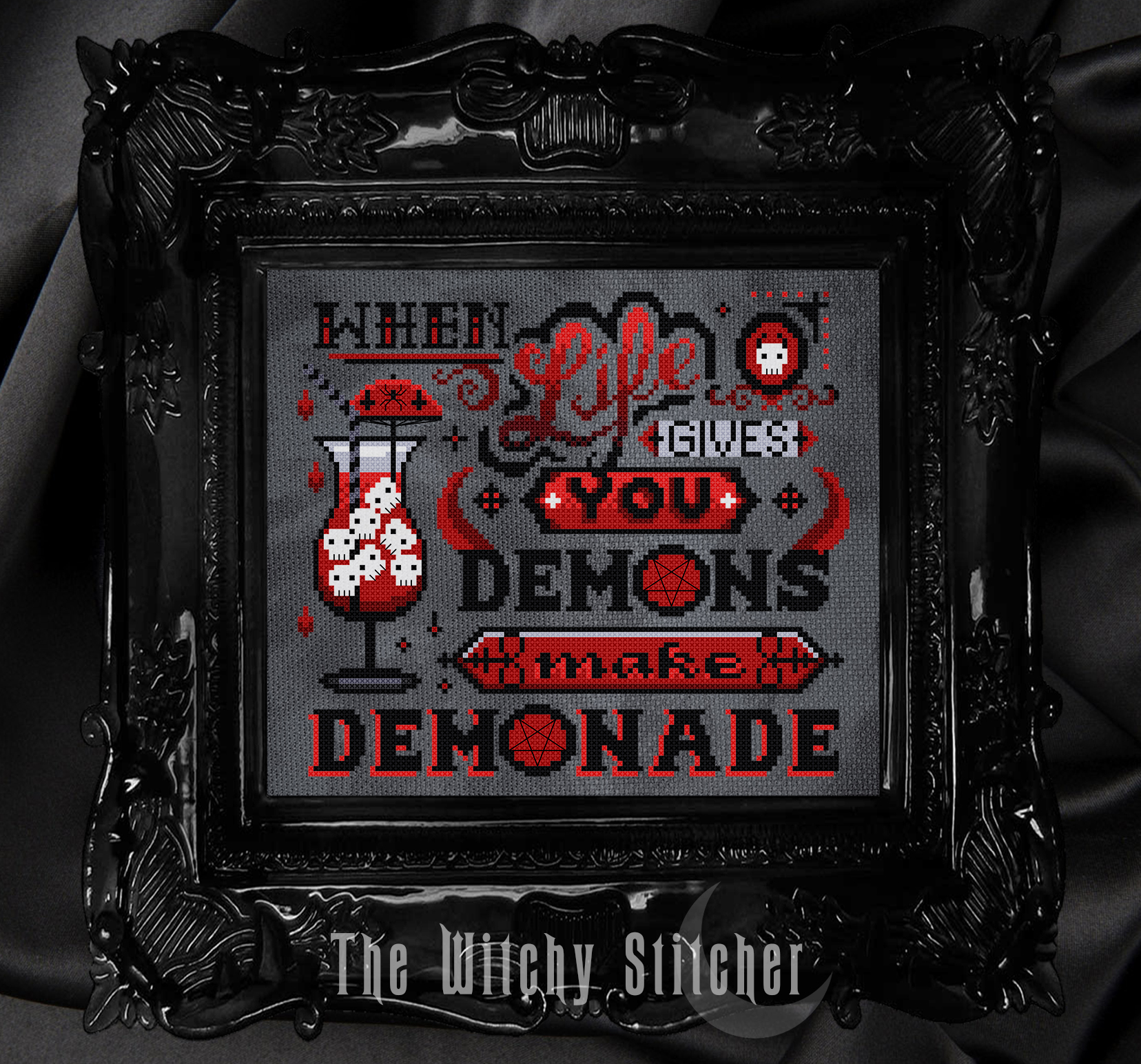 Demonade - Halloween Cross Stitch Pattern, different perspective #1, zoomed in. Select this picture to zoom back out.
