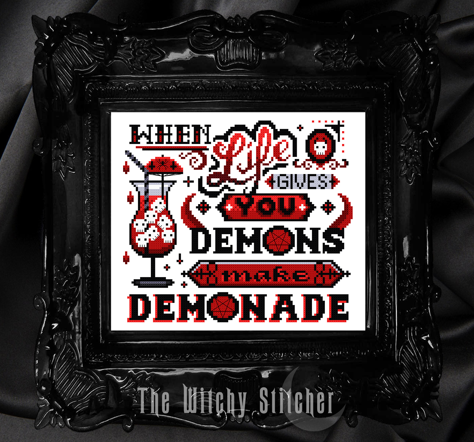 Demonade - Halloween Cross Stitch Pattern, zoomed in. Select this picture to zoom back out.