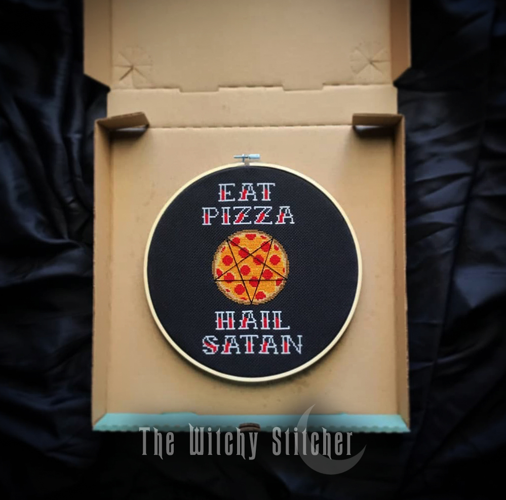 Eat Pizza Hail Satan - Halloween Cross Stitch Pattern, different perspective #1, zoomed in. Select this picture to zoom back out.