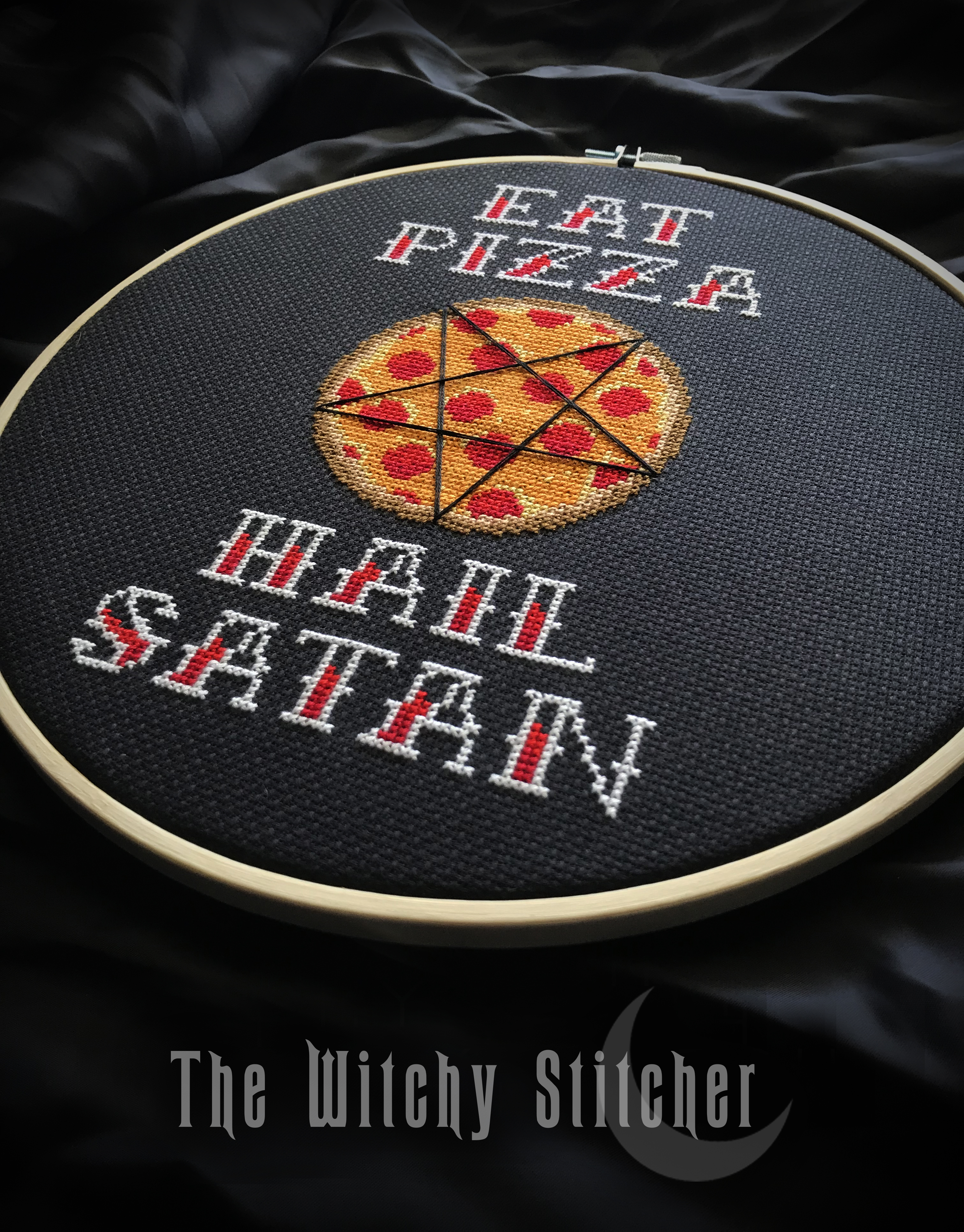 Eat Pizza Hail Satan - Halloween Cross Stitch Pattern, different perspective #2, zoomed in. Select this picture to zoom back out.