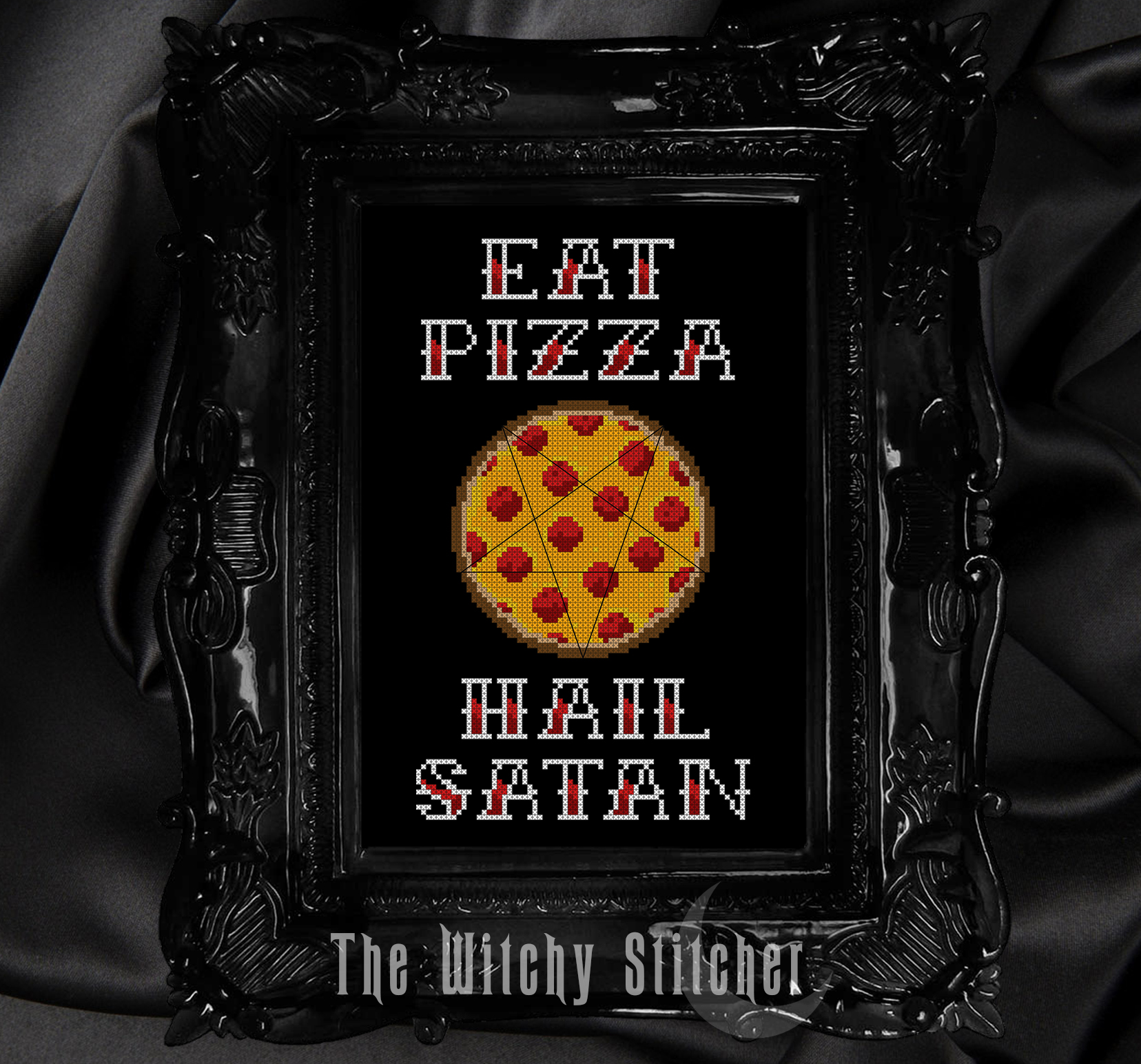 Eat Pizza Hail Satan - Halloween Cross Stitch Pattern, different perspective #3, zoomed in. Select this picture to zoom back out.