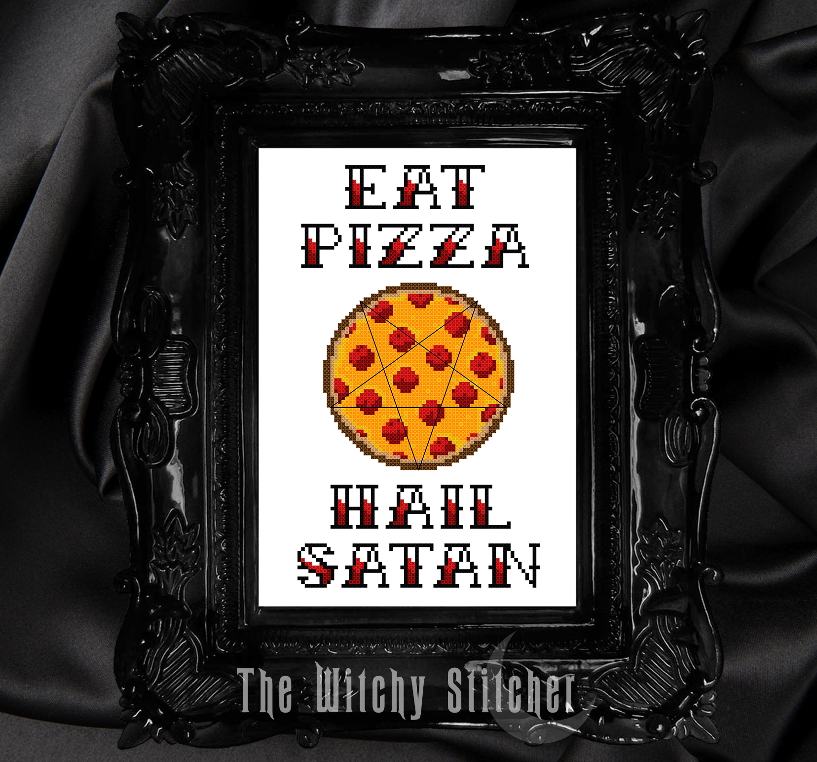 Eat Pizza Hail Satan - Halloween Cross Stitch Pattern, different perspective #4, zoomed in. Select this picture to zoom back out.