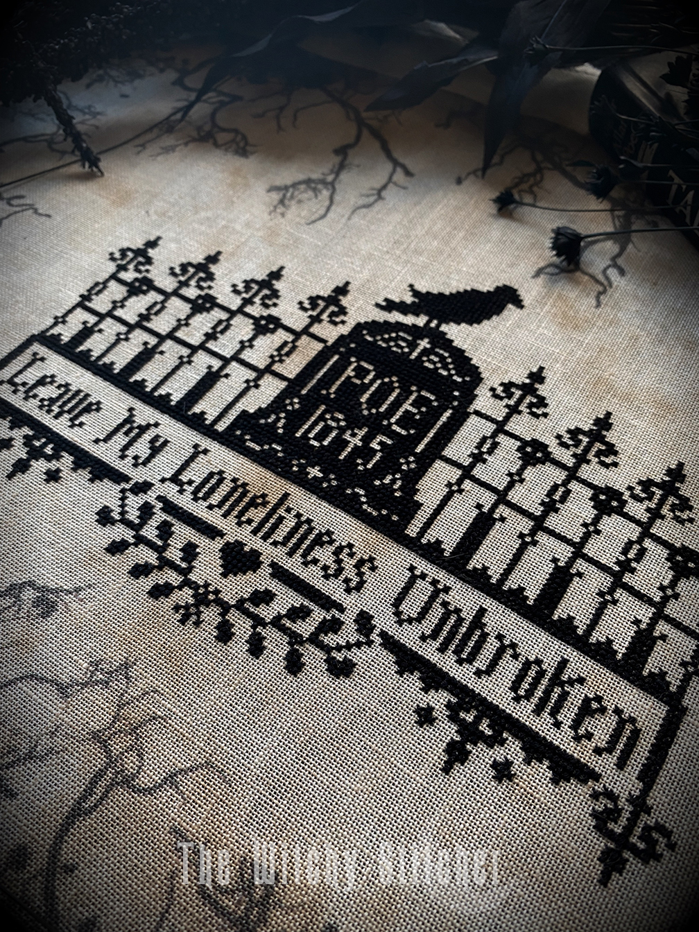 Poe The Raven - Halloween PDF Cross Stitch Pattern, different perspective #1, zoomed in. Select this picture to zoom back out.