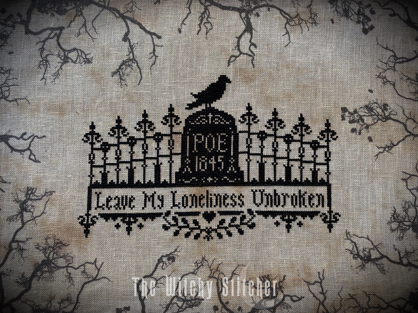 Poe The Raven - Halloween PDF Cross Stitch Pattern, different perspective #2, zoomed in. Select this picture to zoom back out.