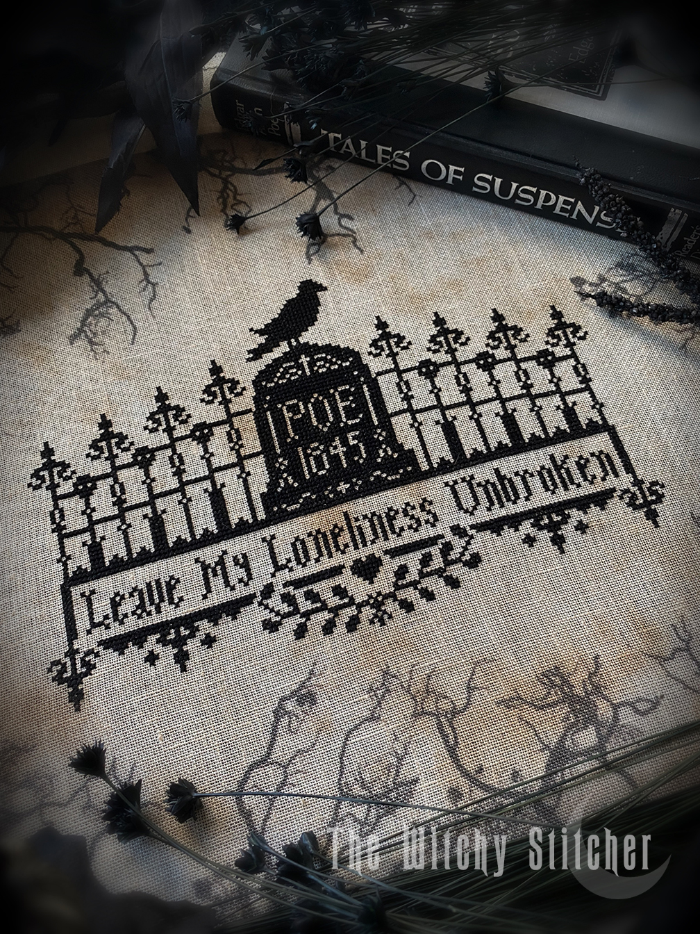 Poe The Raven - Halloween PDF Cross Stitch Pattern, different perspective #3, zoomed in. Select this picture to zoom back out.