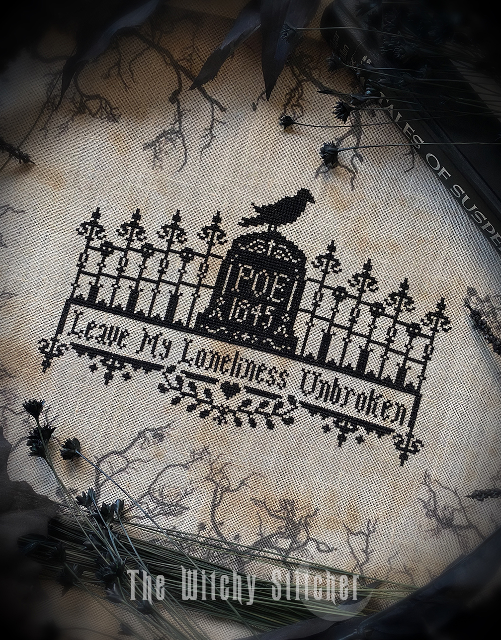 Poe The Raven - Halloween PDF Cross Stitch Pattern, different perspective #4, zoomed in. Select this picture to zoom back out.