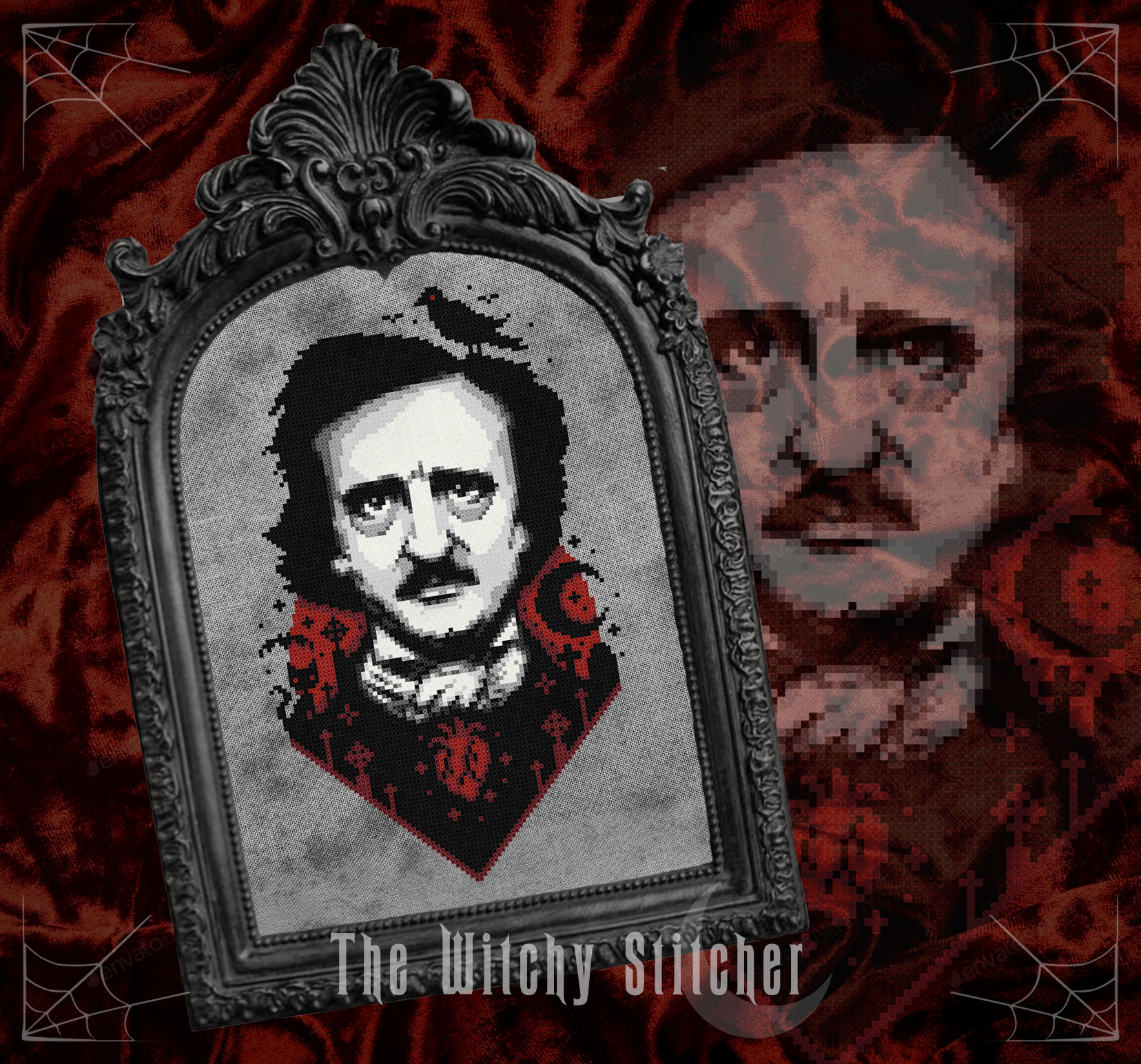 Master Of The Macabre - Halloween Cross Stitch Pattern, different perspective #2, zoomed in. Select this picture to zoom back out.