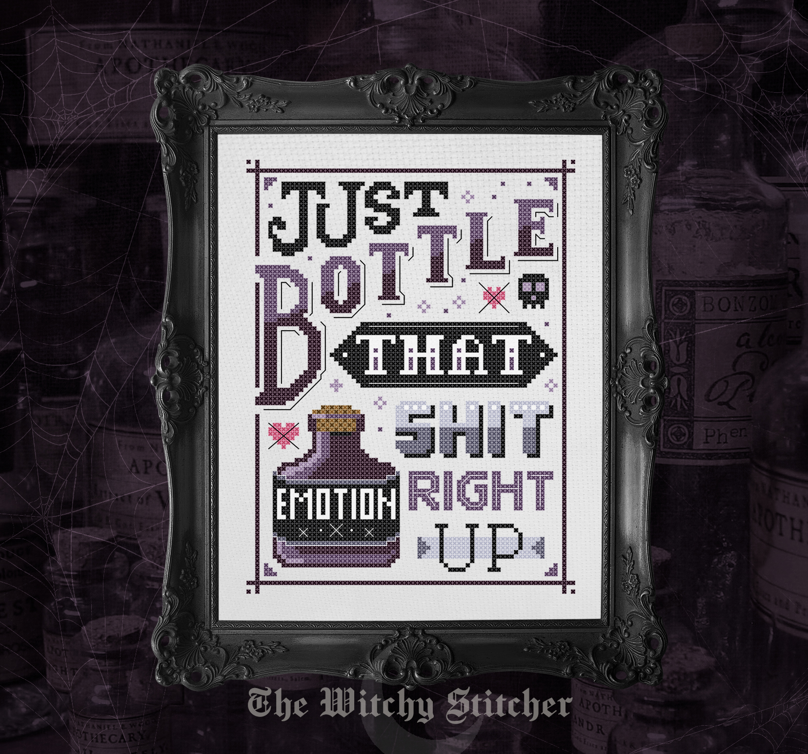 Emotion Bottle It Up - Halloween PDF Cross Stitch Pattern, different perspective #2, zoomed in. Select this picture to zoom back out.