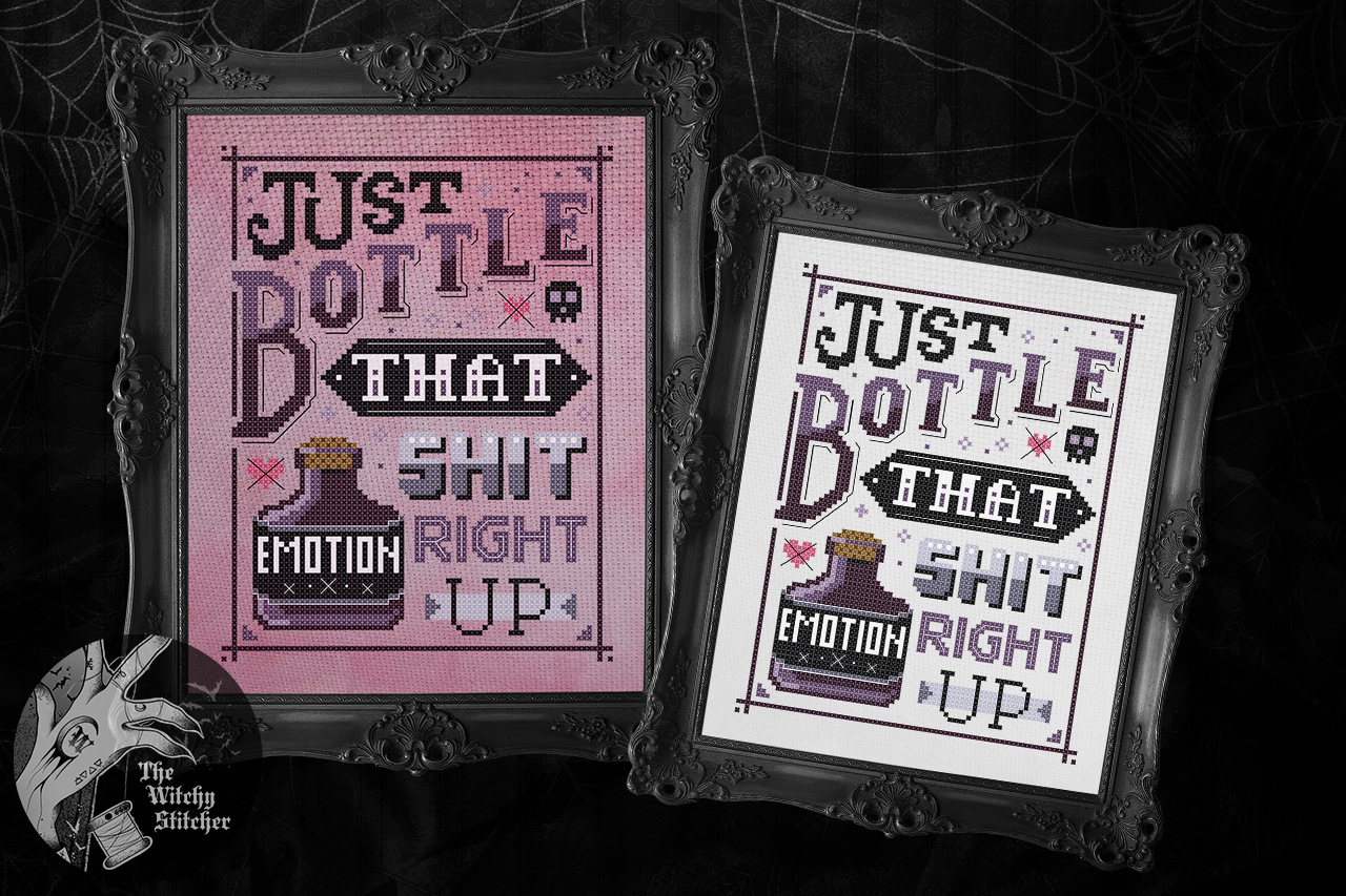 Emotion Bottle It Up - Halloween PDF Cross Stitch Pattern, different perspective #3, zoomed in. Select this picture to zoom back out.